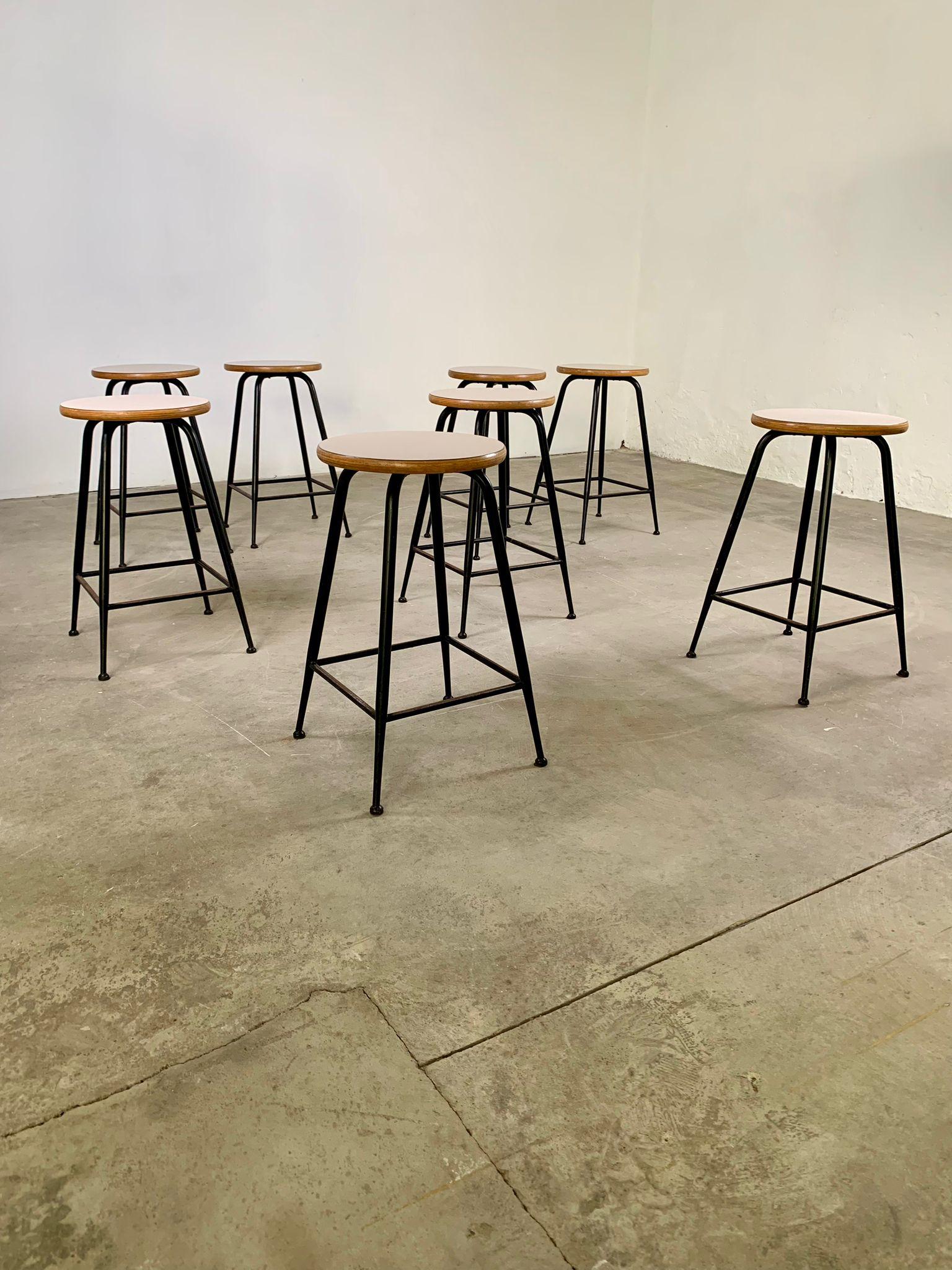 Set of 8 vintage stools in metal, wood and formica, 1960s, Italy For Sale 8