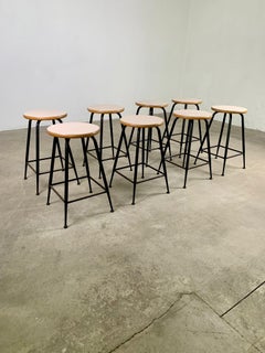 Set of 8 vintage stools in metal, wood and formica, 1960s, Italy