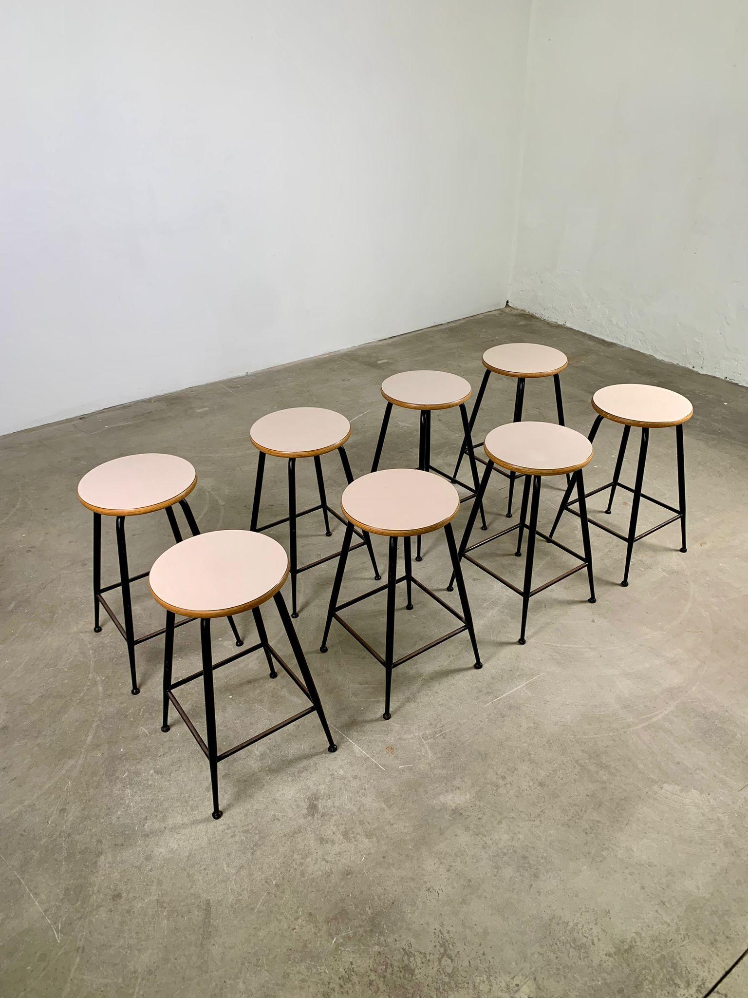 Mid-Century Modern Set of 8 vintage stools in metal, wood and formica, 1960s, Italy For Sale
