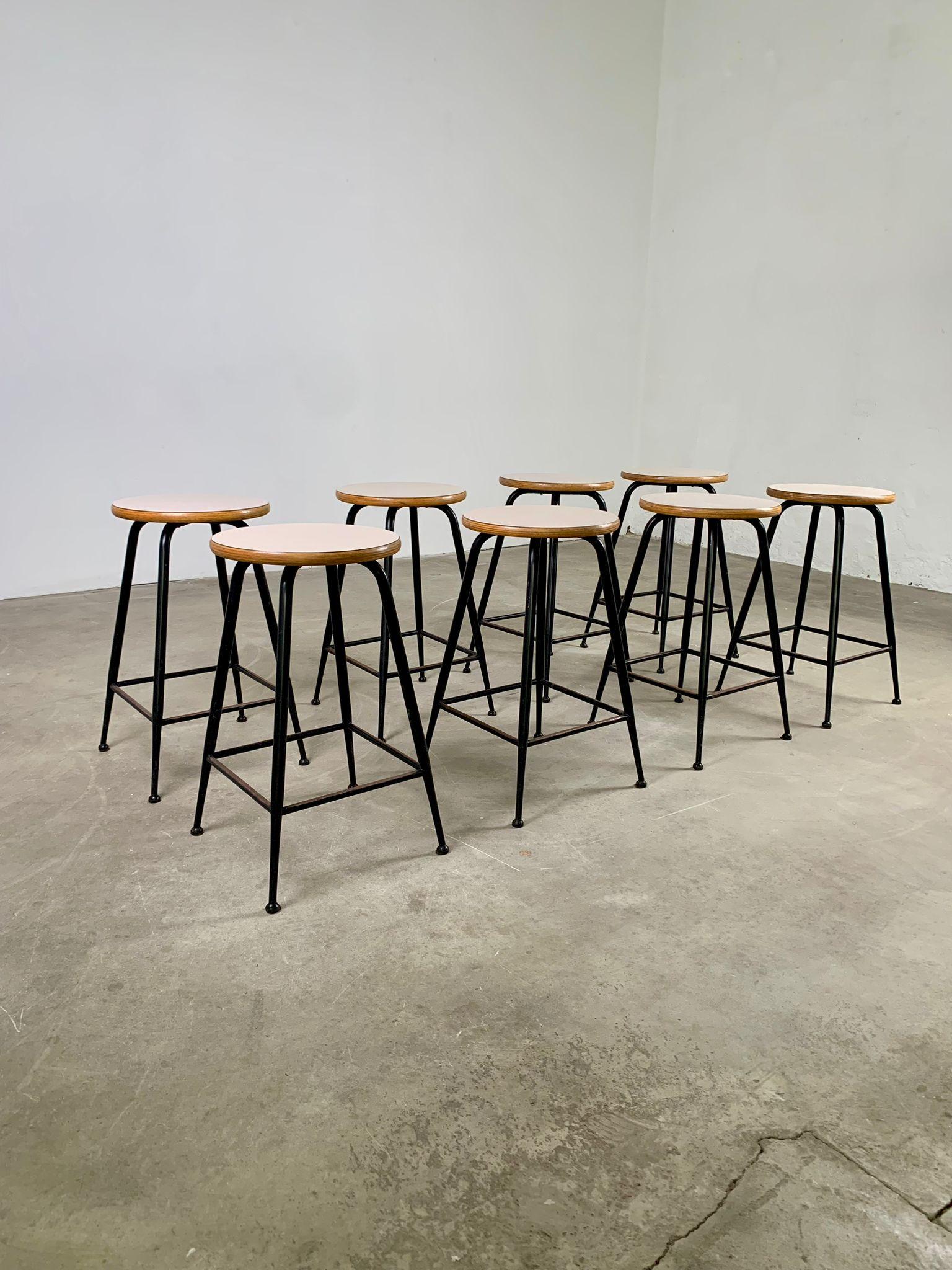 Italian Set of 8 vintage stools in metal, wood and formica, 1960s, Italy For Sale