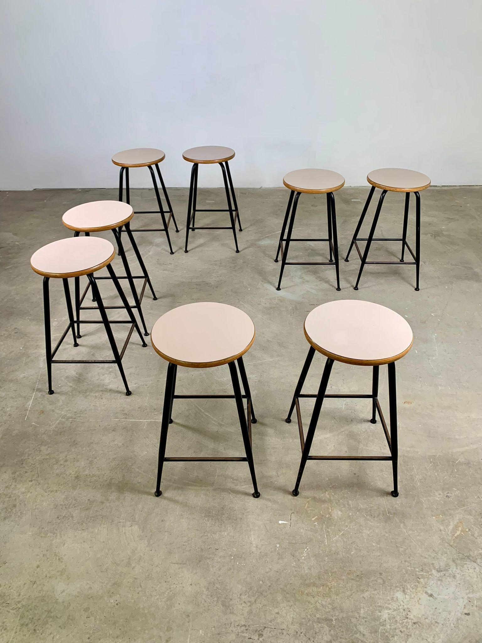 Set of 8 vintage stools in metal, wood and formica, 1960s, Italy In Good Condition For Sale In Milano, IT