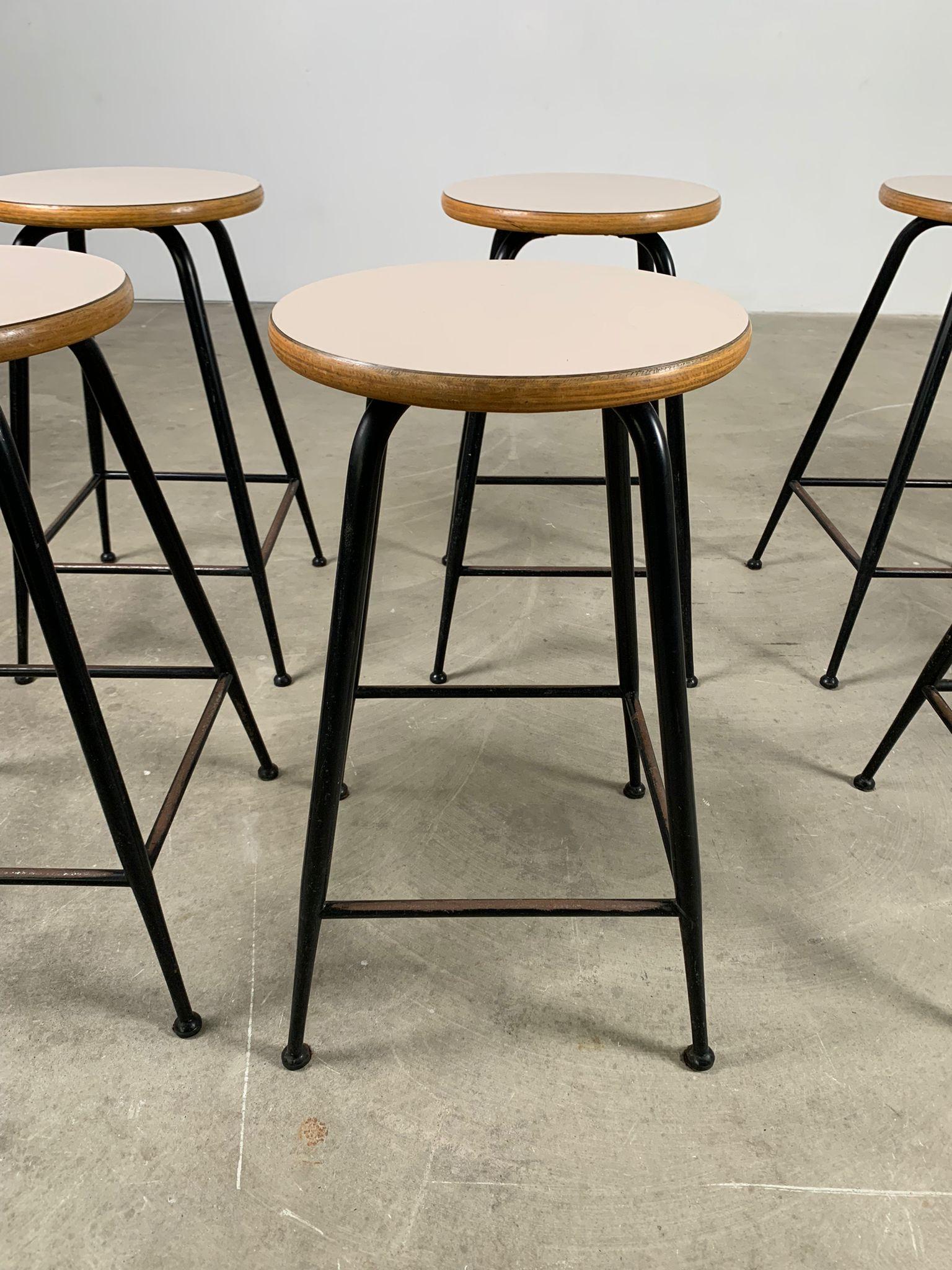 Mid-20th Century Set of 8 vintage stools in metal, wood and formica, 1960s, Italy For Sale