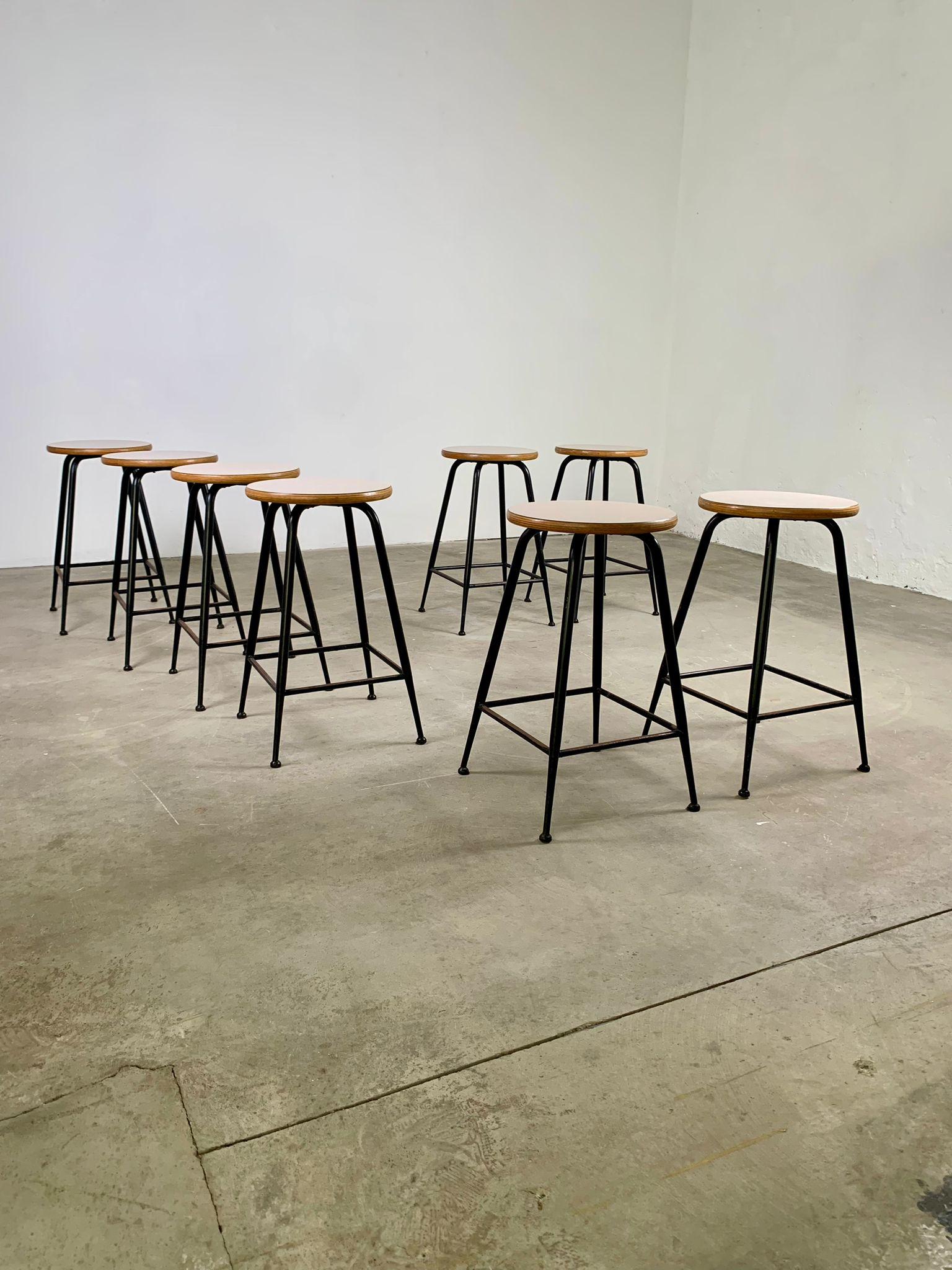 Metal Set of 8 vintage stools in metal, wood and formica, 1960s, Italy For Sale