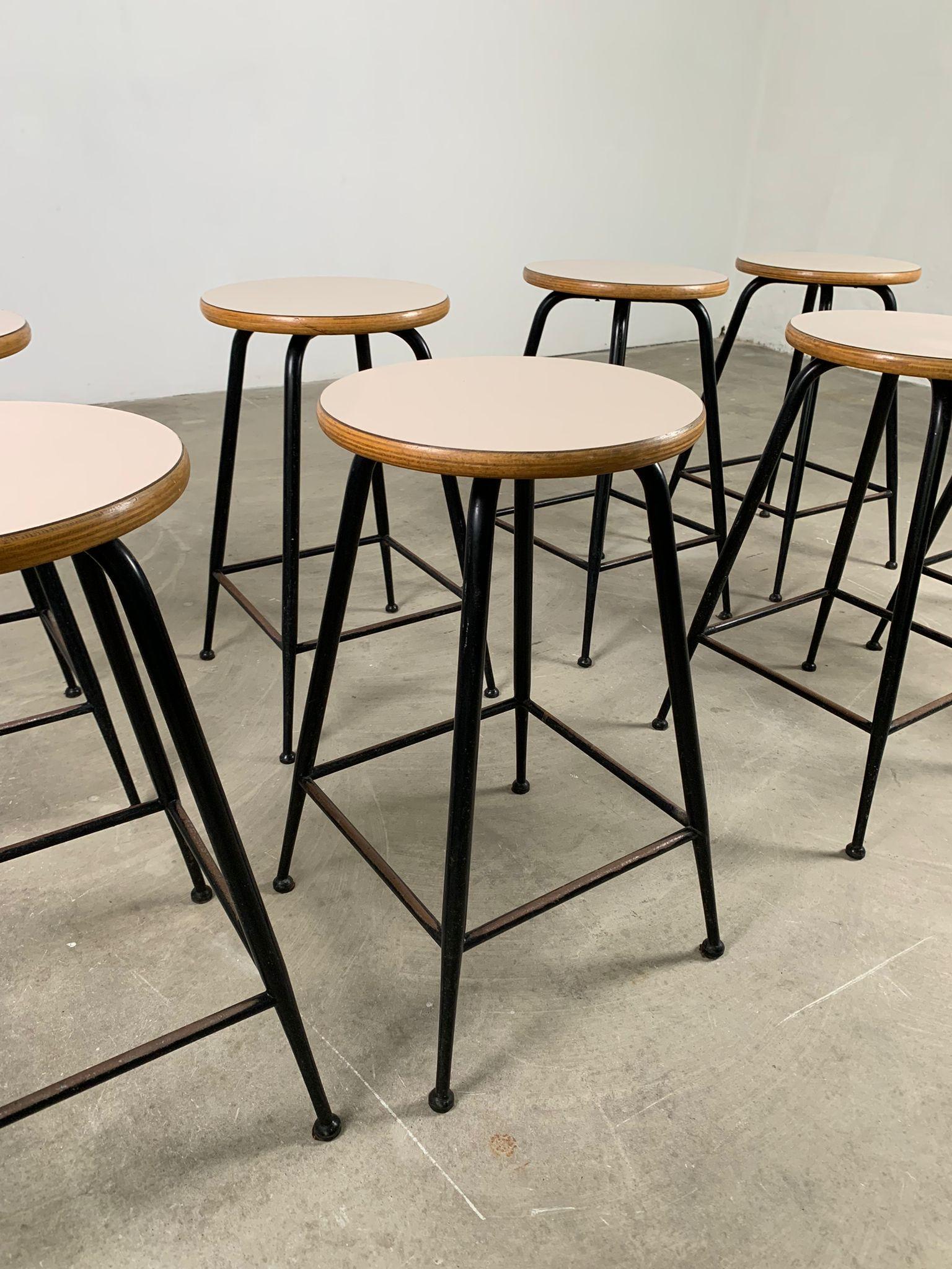 Set of 8 vintage stools in metal, wood and formica, 1960s, Italy For Sale 1