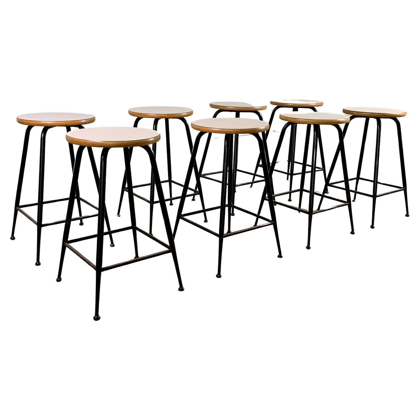 Set of 8 vintage stools in metal, wood and formica, 1960s, Italy For Sale