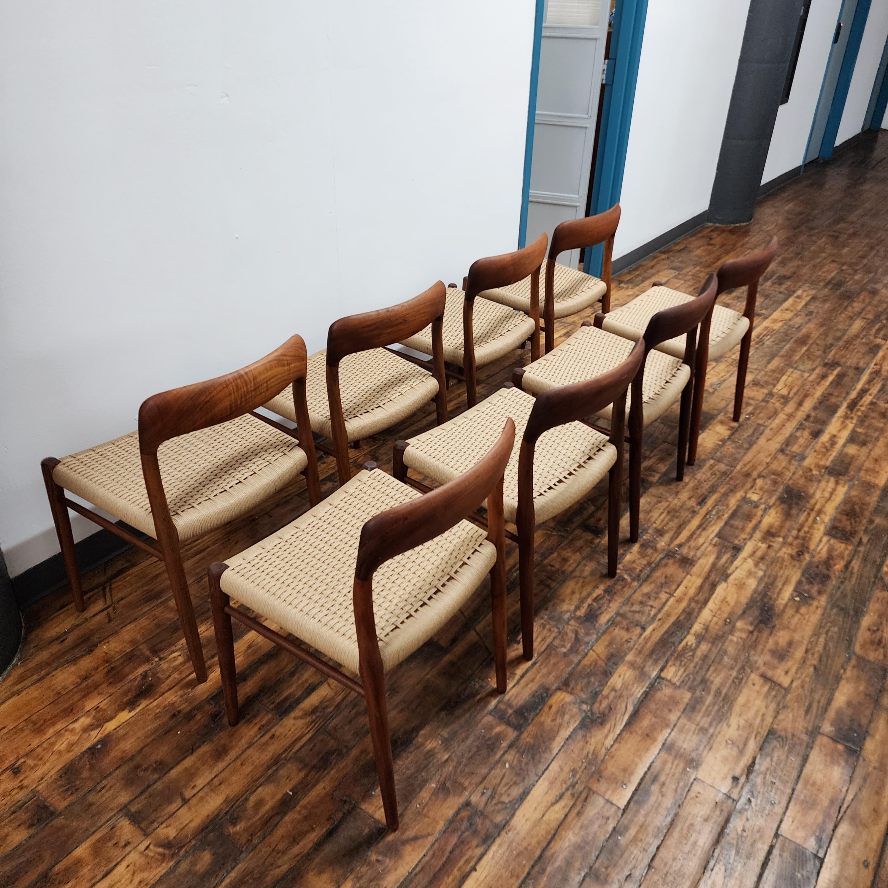 Set of 8 - Vintage Teak Model 75 Side Chairs by Niels Moller 2
