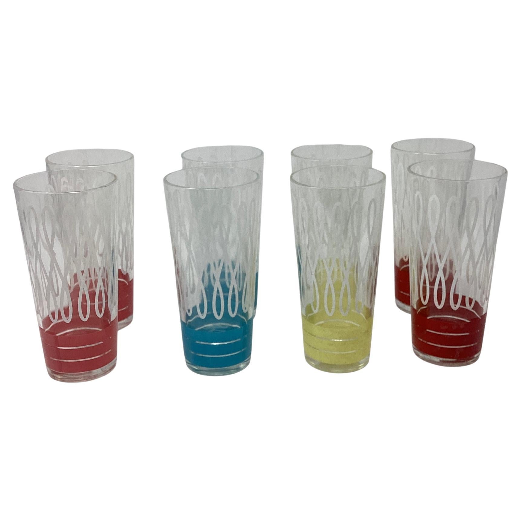 Set of 8 Vintage Tumblers with White Swirled Design and Colored Bands  For Sale