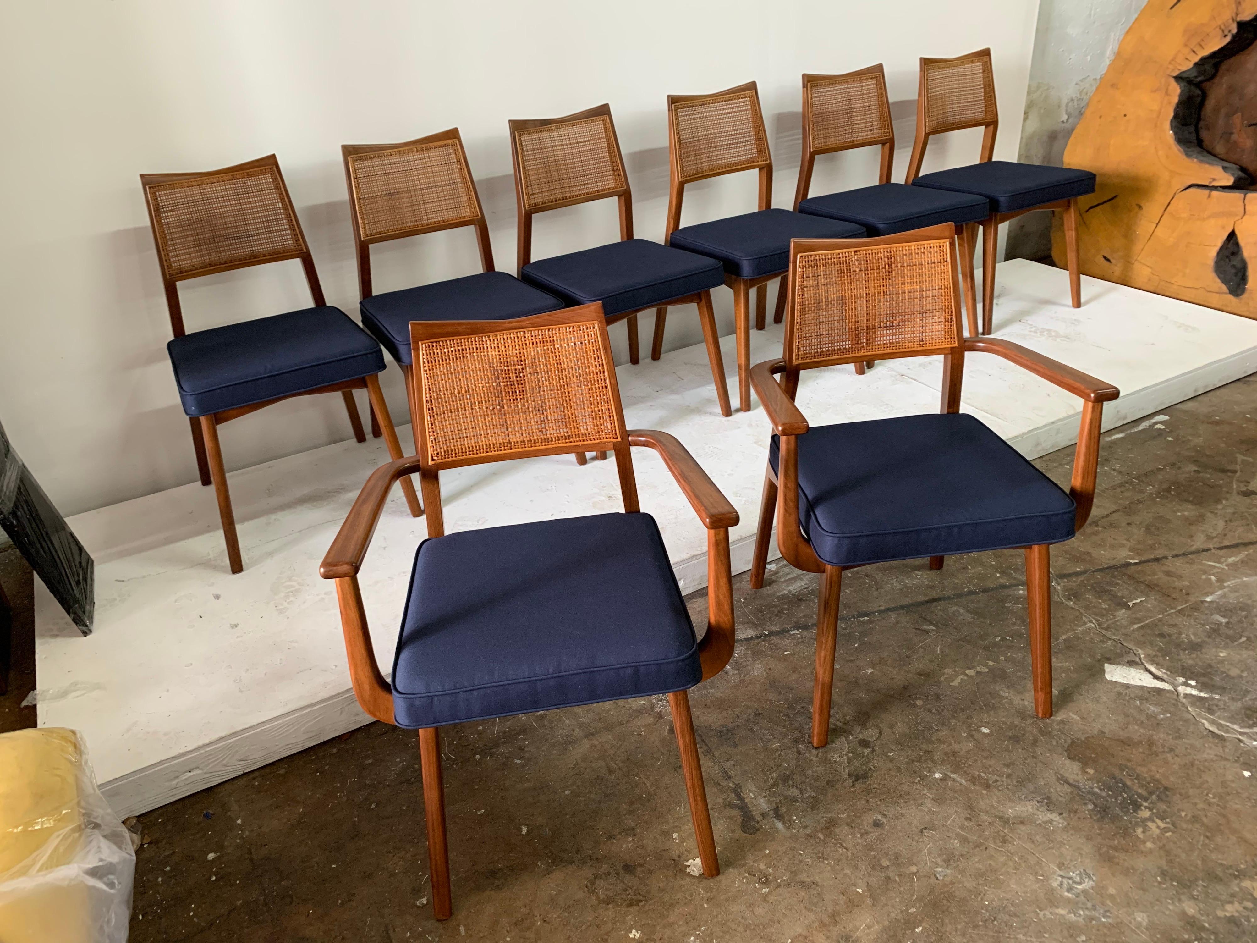 Mid-Century Modern Set of 8 Vintage Walnut and Cane Dining Chairs
