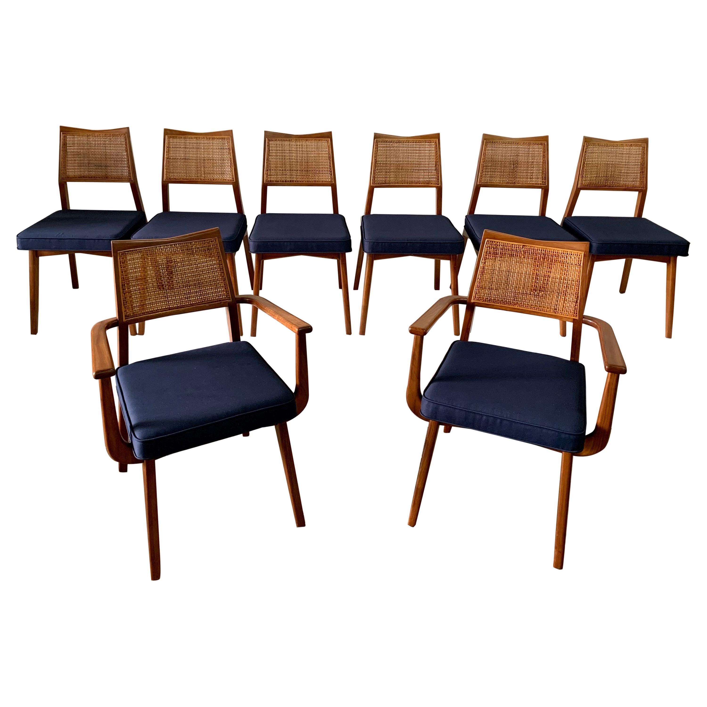 Set of 8 Vintage Walnut and Cane Dining Chairs