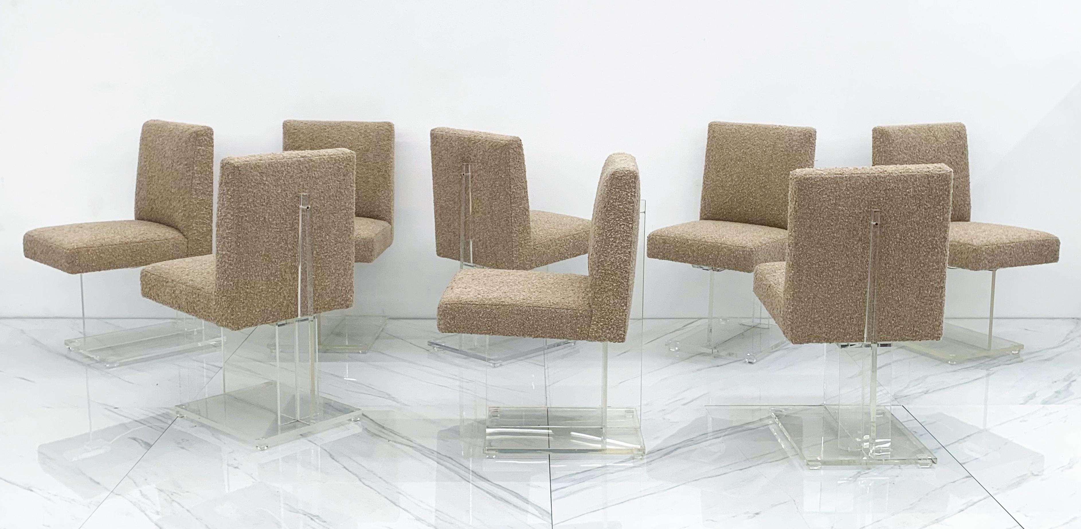 Modern Set of 8 Vladimir Kagan Lucite Dining Chairs in Belgian Bouclé
