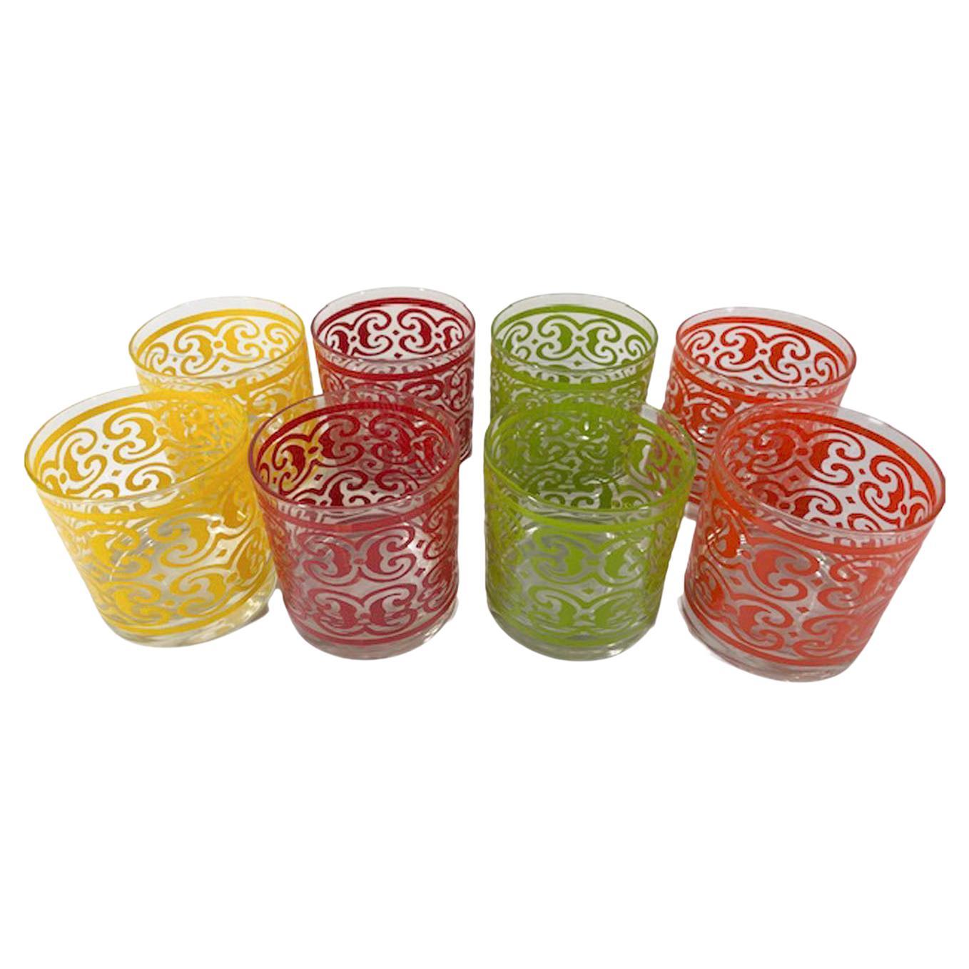 Set of 8 W. Virginia Rocks Glasses in the Castile Pattern, 2 Each of 4 Colors For Sale