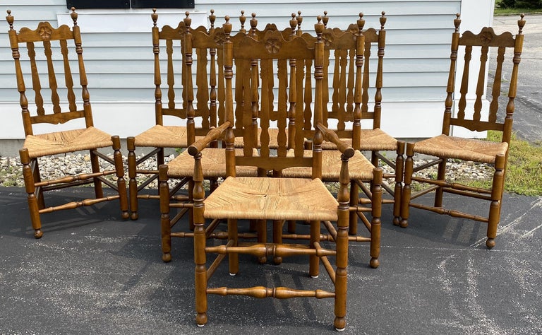 Set of Wallace Nutting Bannister Back Rush Seat Dining Chairs