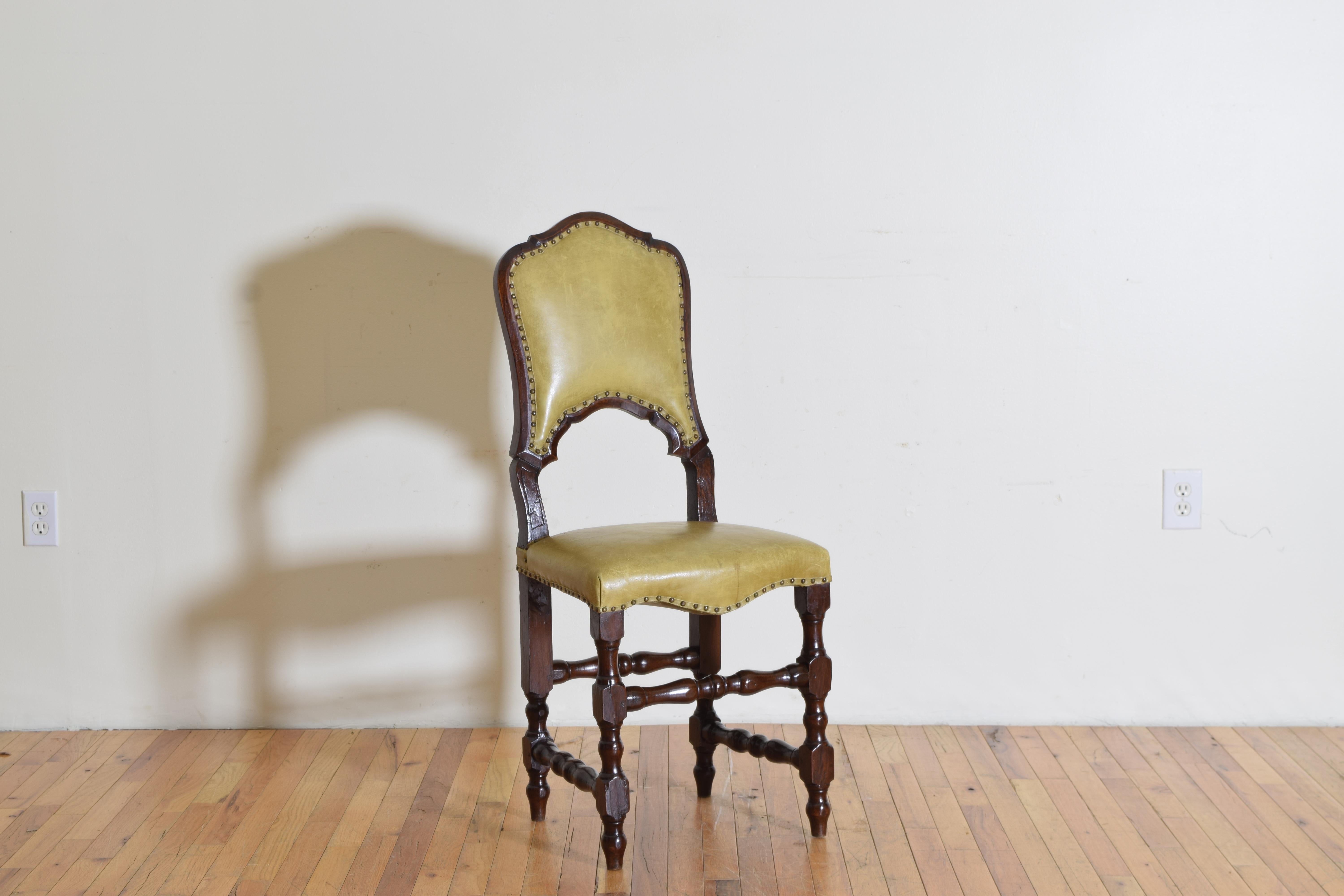 Hand-Carved Set of 8 Walnut and Leather Upholstered Dining Chairs, 19th Century