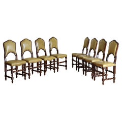 Antique Set of 8 Walnut and Leather Upholstered Dining Chairs, 19th Century