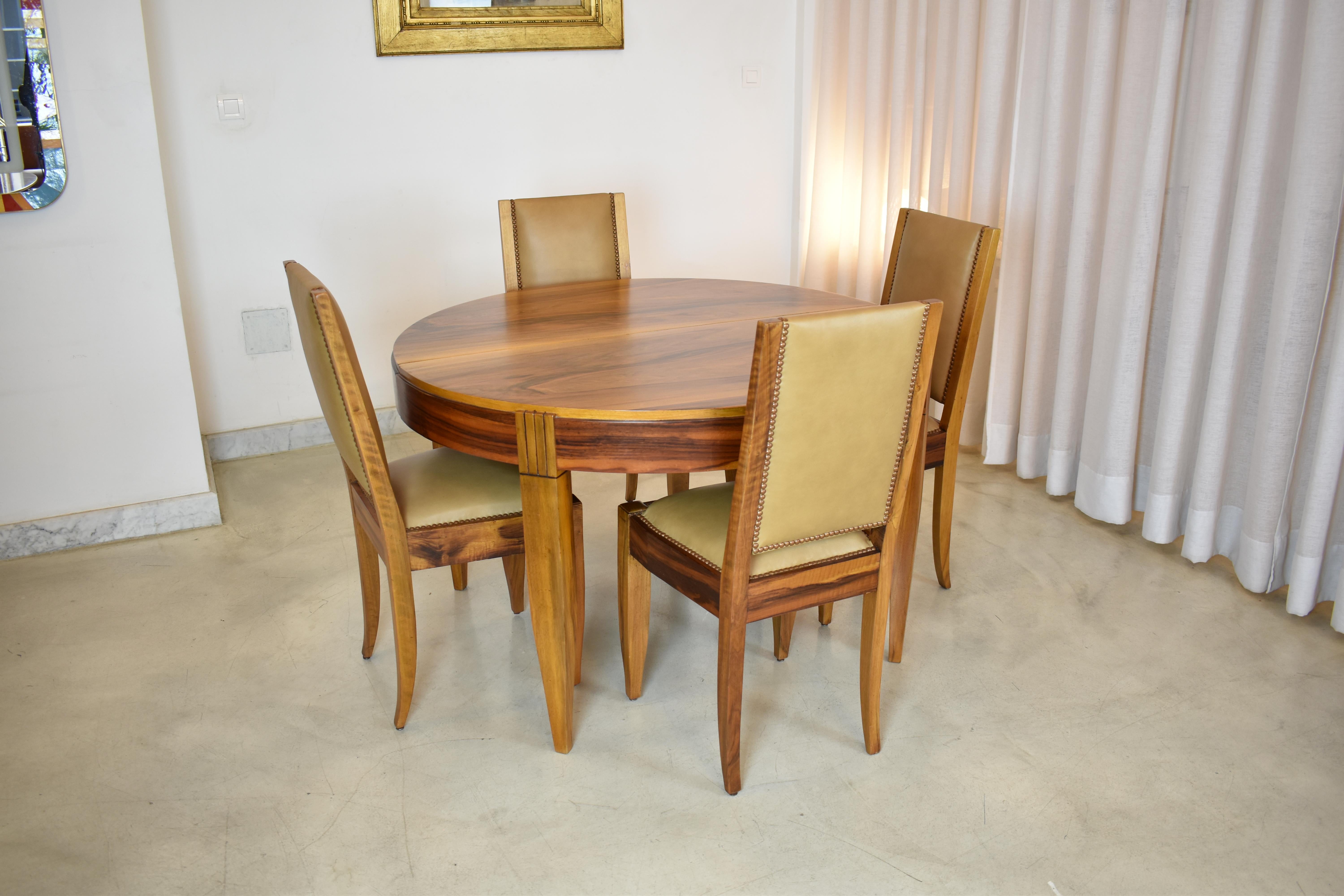 Set of 8 Walnut & Leather Dining Chairs with Extendable Table by André Sornay For Sale 11