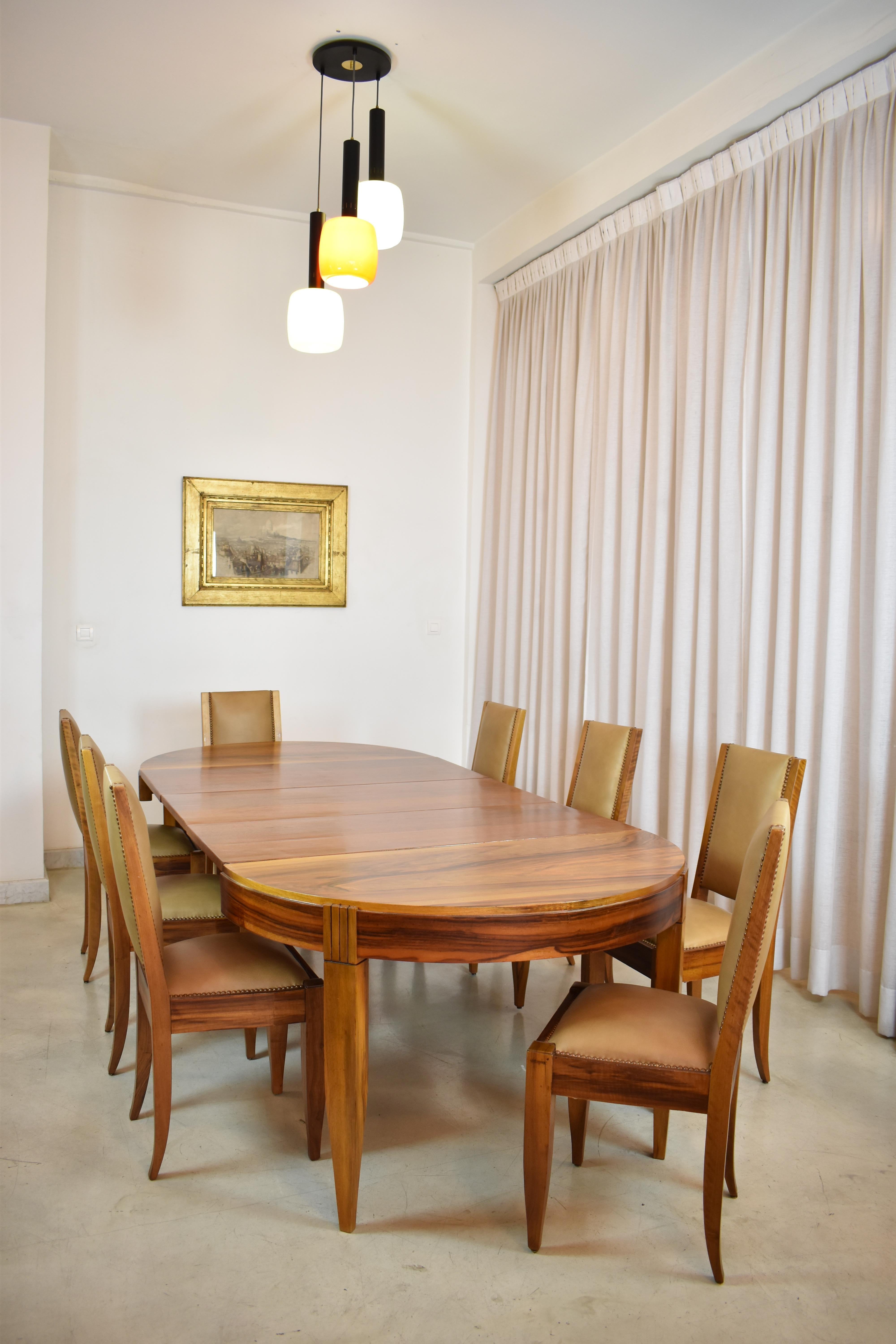 Set of 8 Walnut & Leather Dining Chairs with Extendable Table by André Sornay For Sale 12