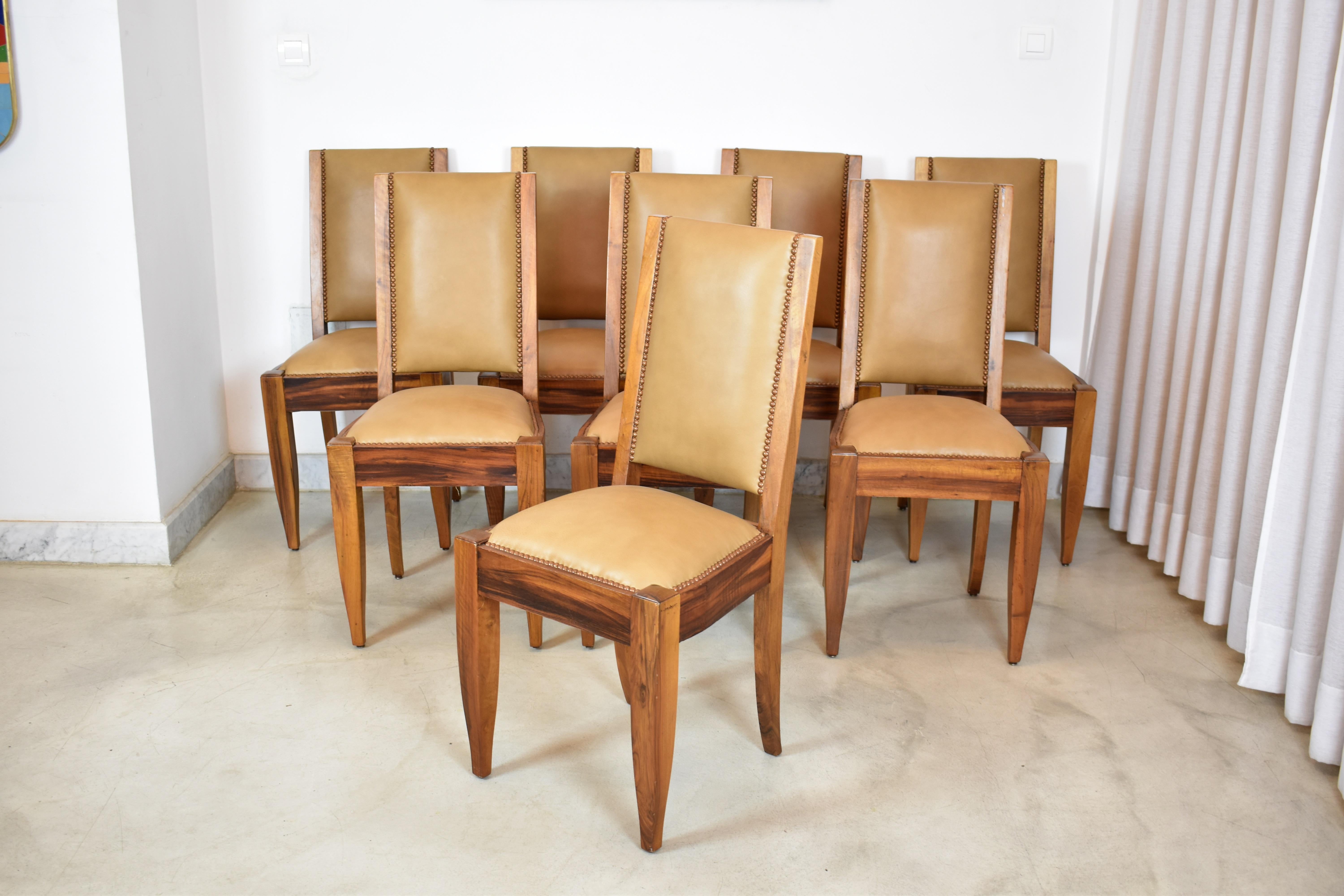 Set of 8 Walnut & Leather Dining Chairs by André Sornay, France 1930s 7