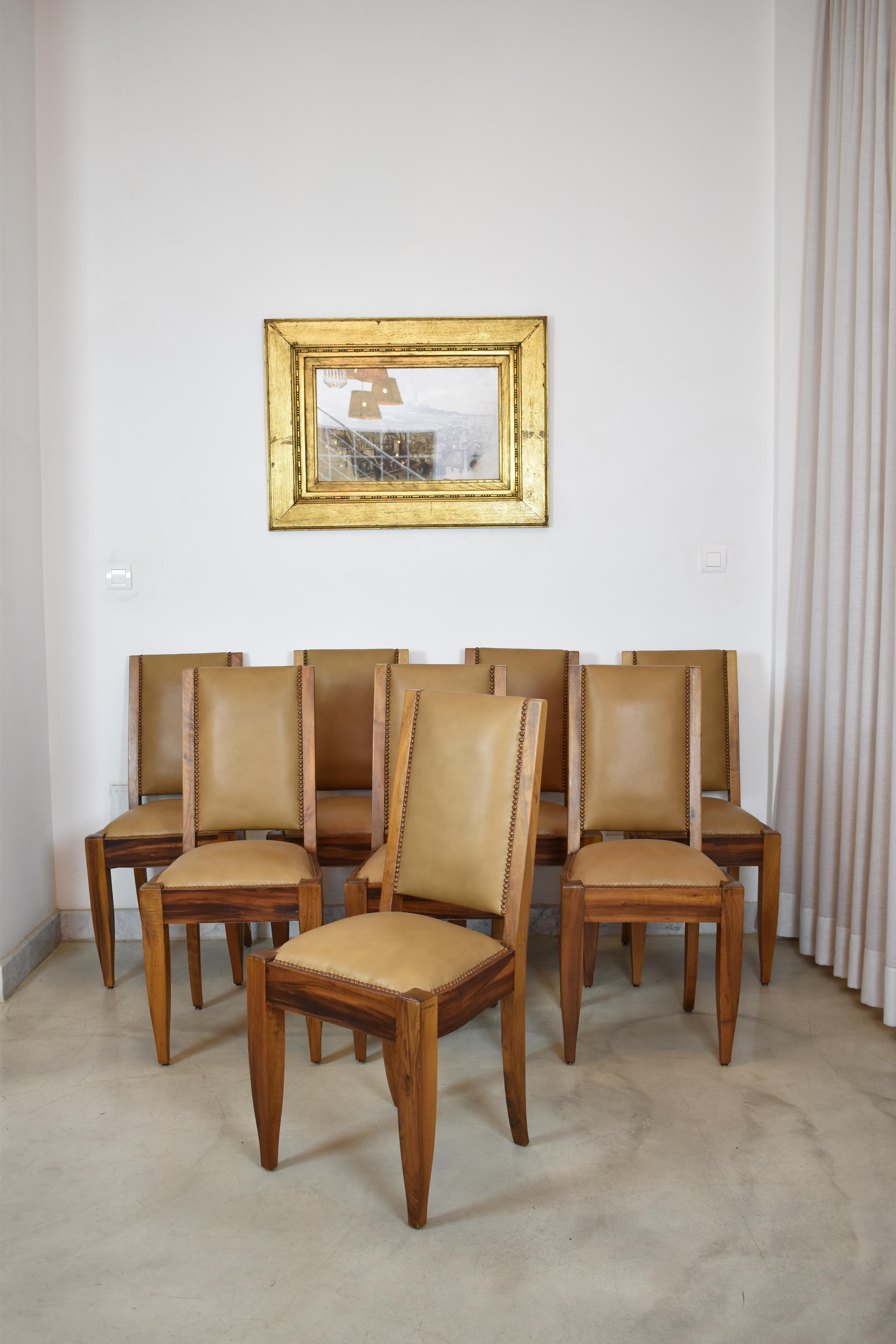 Set of 8 Walnut & Leather Dining Chairs by André Sornay, France 1930s 8