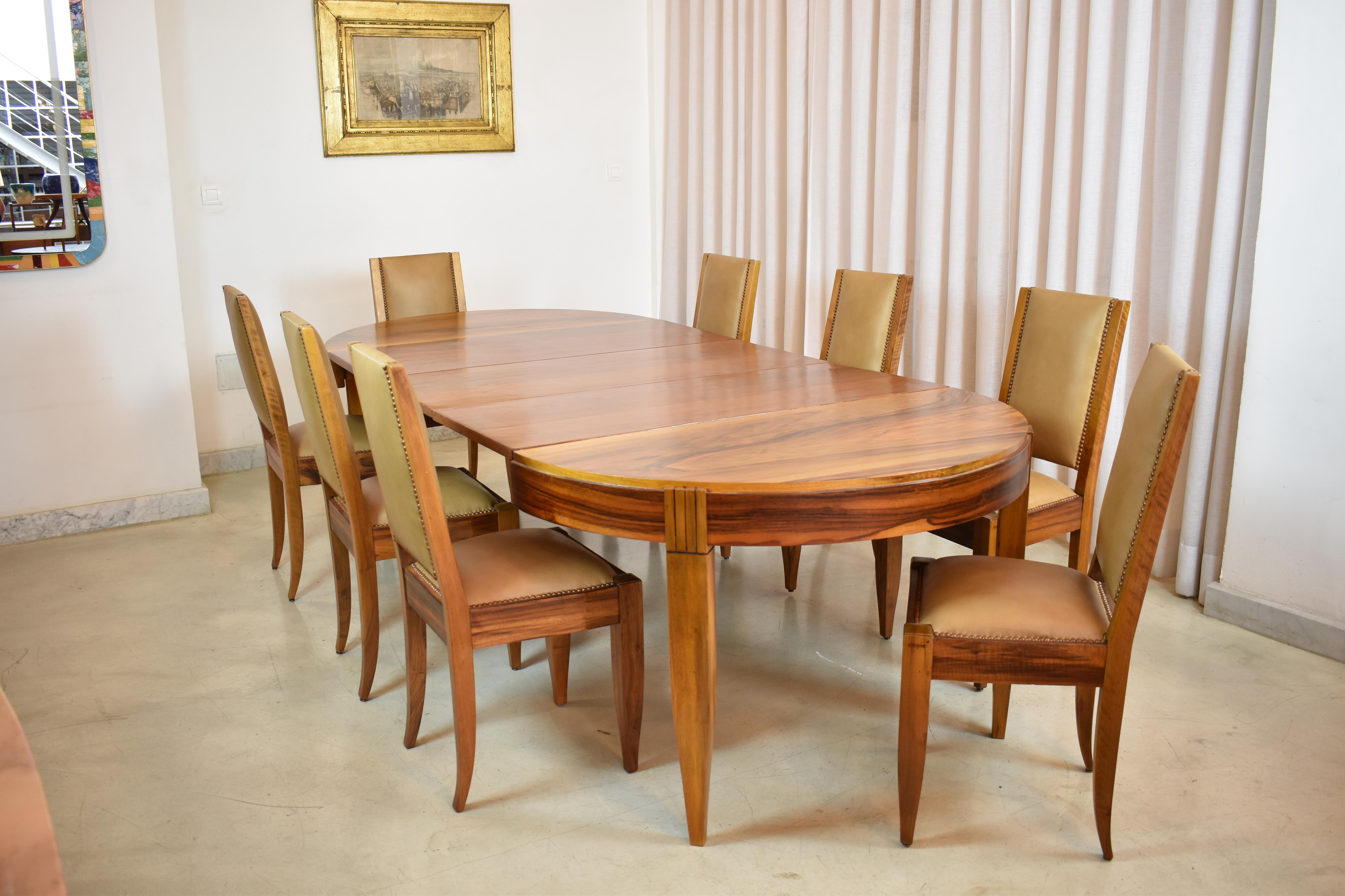 Set of 8 Walnut & Leather Dining Chairs by André Sornay, France 1930s 9