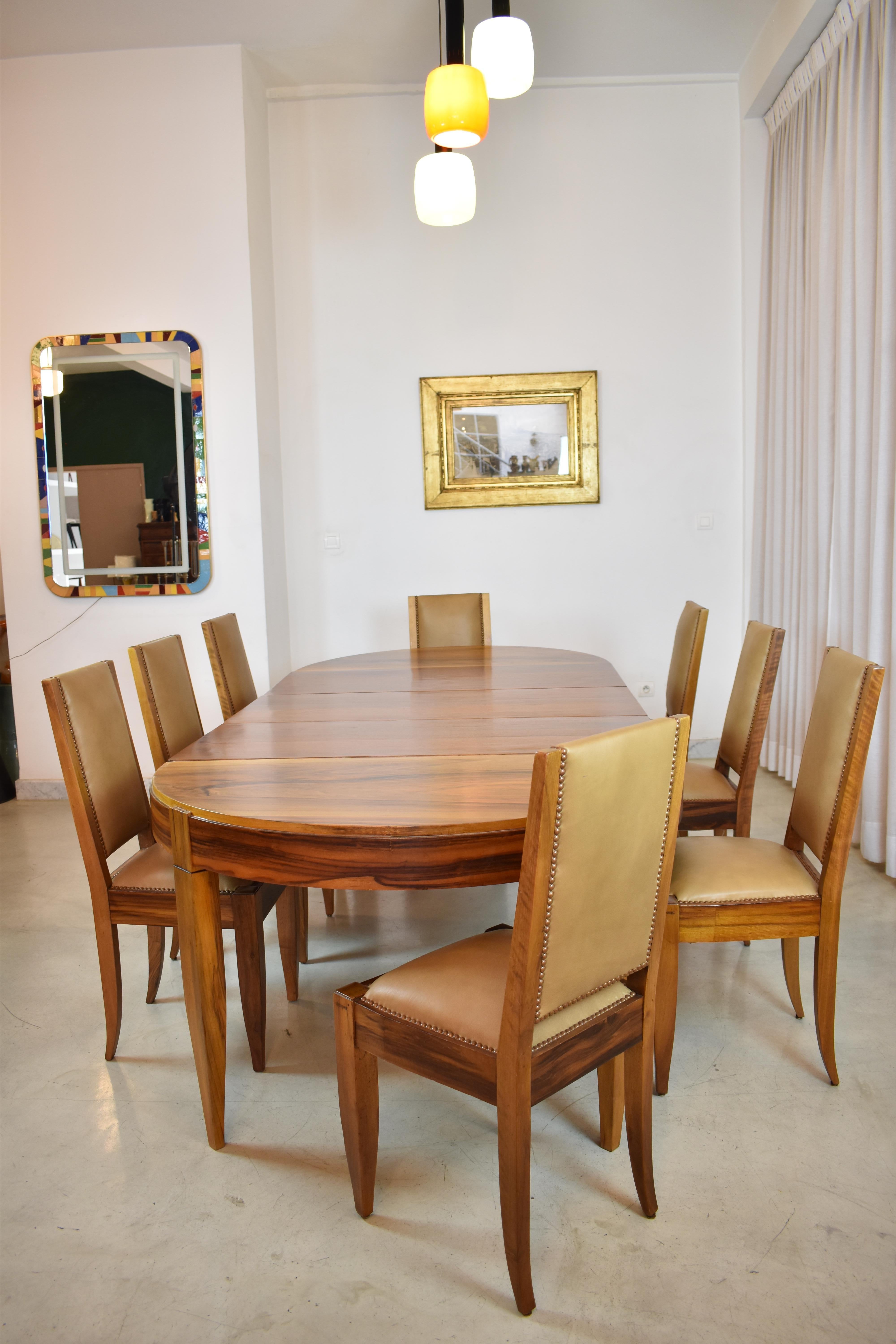 Set of 8 Walnut & Leather Dining Chairs by André Sornay, France 1930s 10