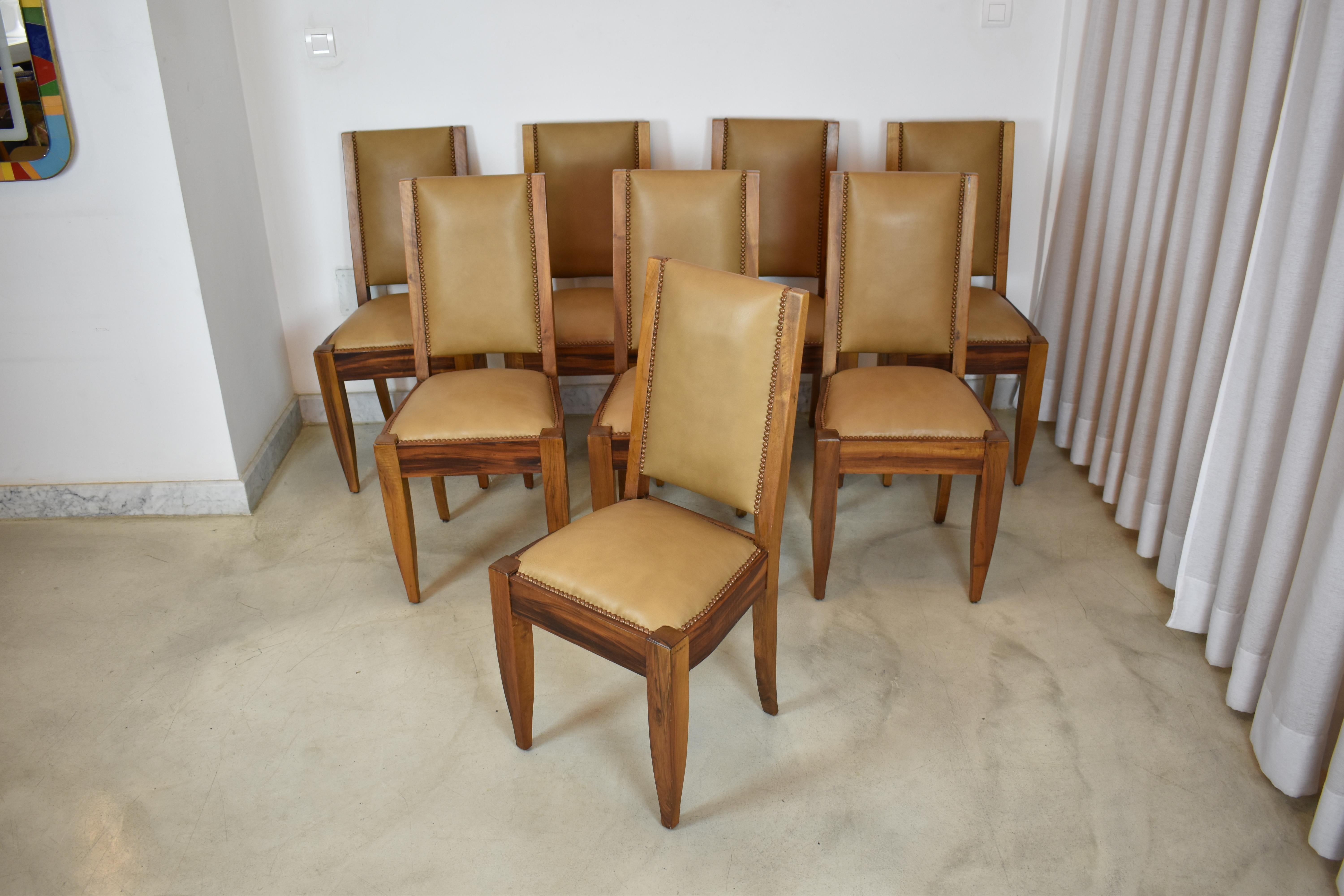 Mid-Century Modern Set of 8 Walnut & Leather Dining Chairs by André Sornay, France 1930s