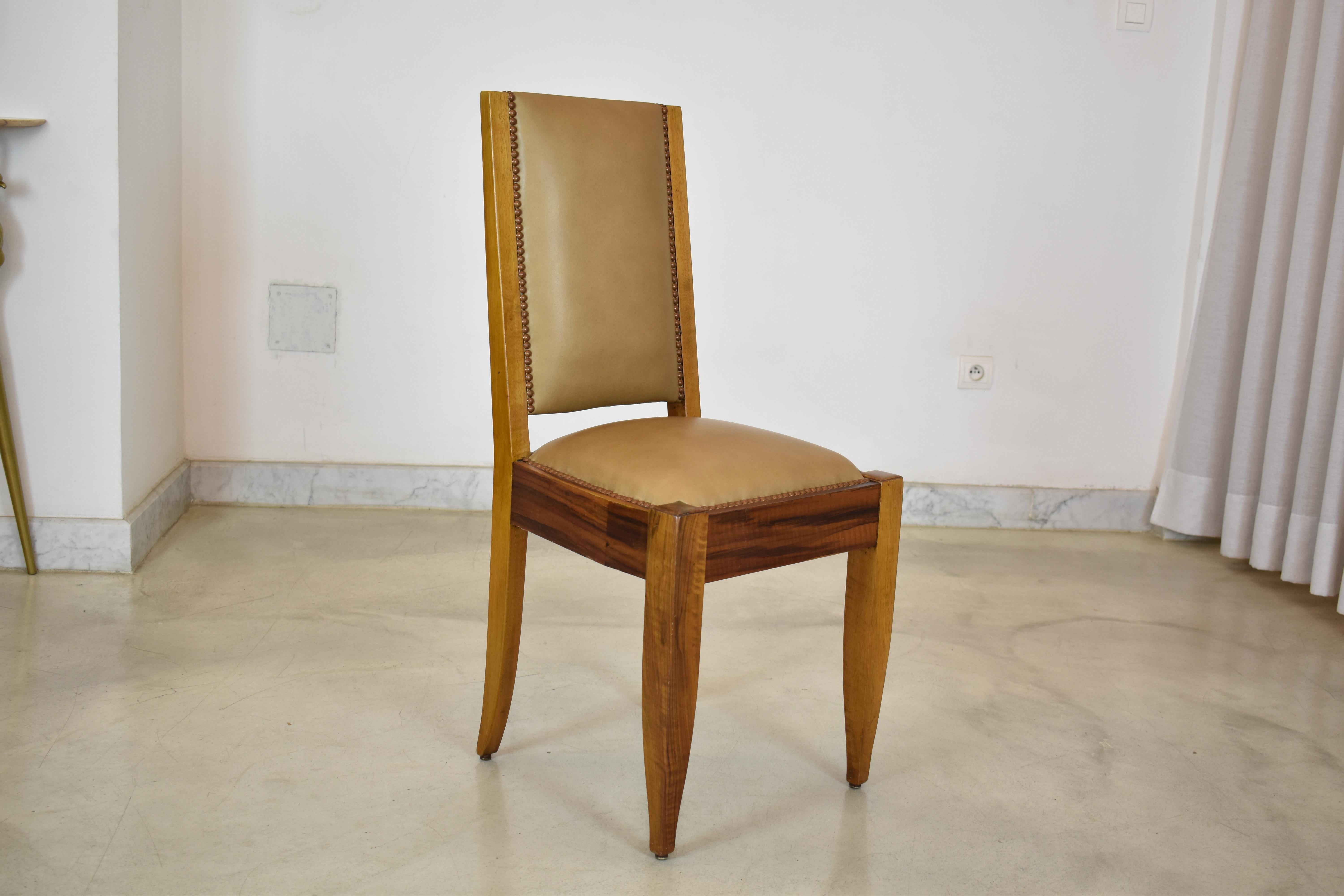 Set of 8 Walnut & Leather Dining Chairs by André Sornay, France 1930s 3