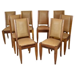 Set of 8 Walnut & Leather Dining Chairs by André Sornay, France 1930s