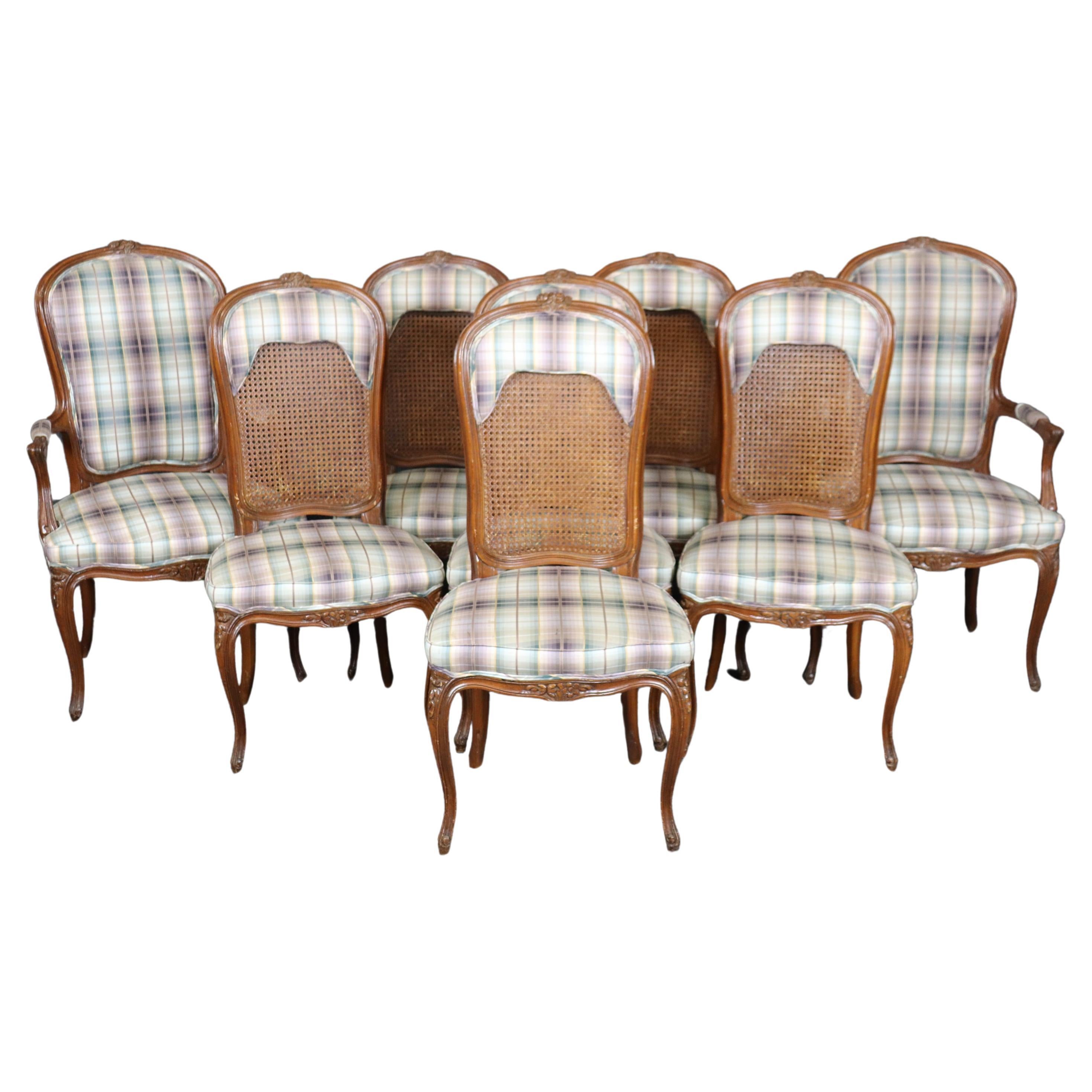 Set of 8 Walnut Louis XVI Cane and Upholstery Backed Dining Chairs  For Sale
