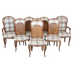 Vintage Set of 8 Walnut Louis XVI Cane and Upholstery Backed Dining Chairs 