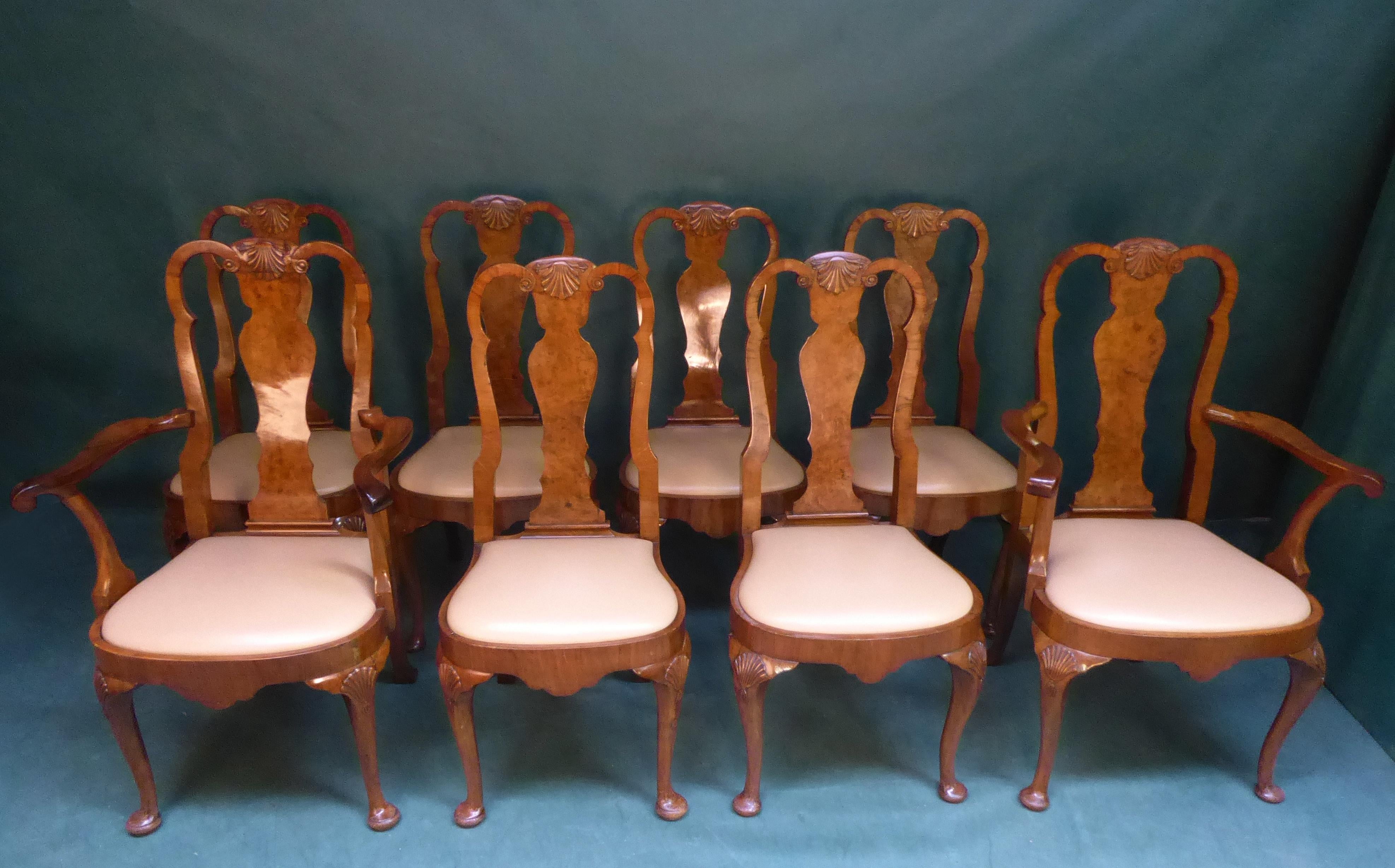 British Set of 8 Walnut Queen Anne Style Dining Chairs For Sale