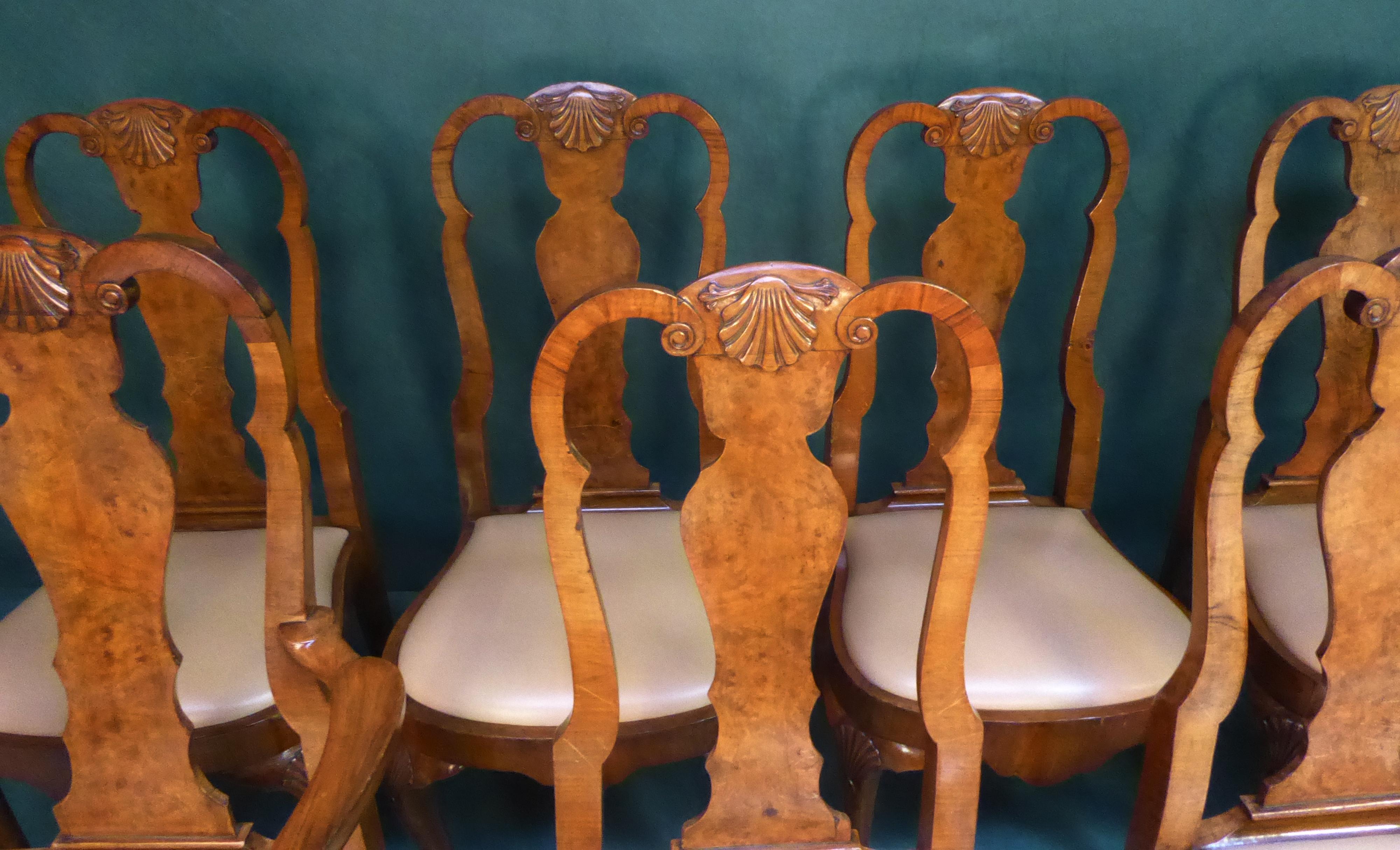 Early 20th Century Set of 8 Walnut Queen Anne Style Dining Chairs For Sale