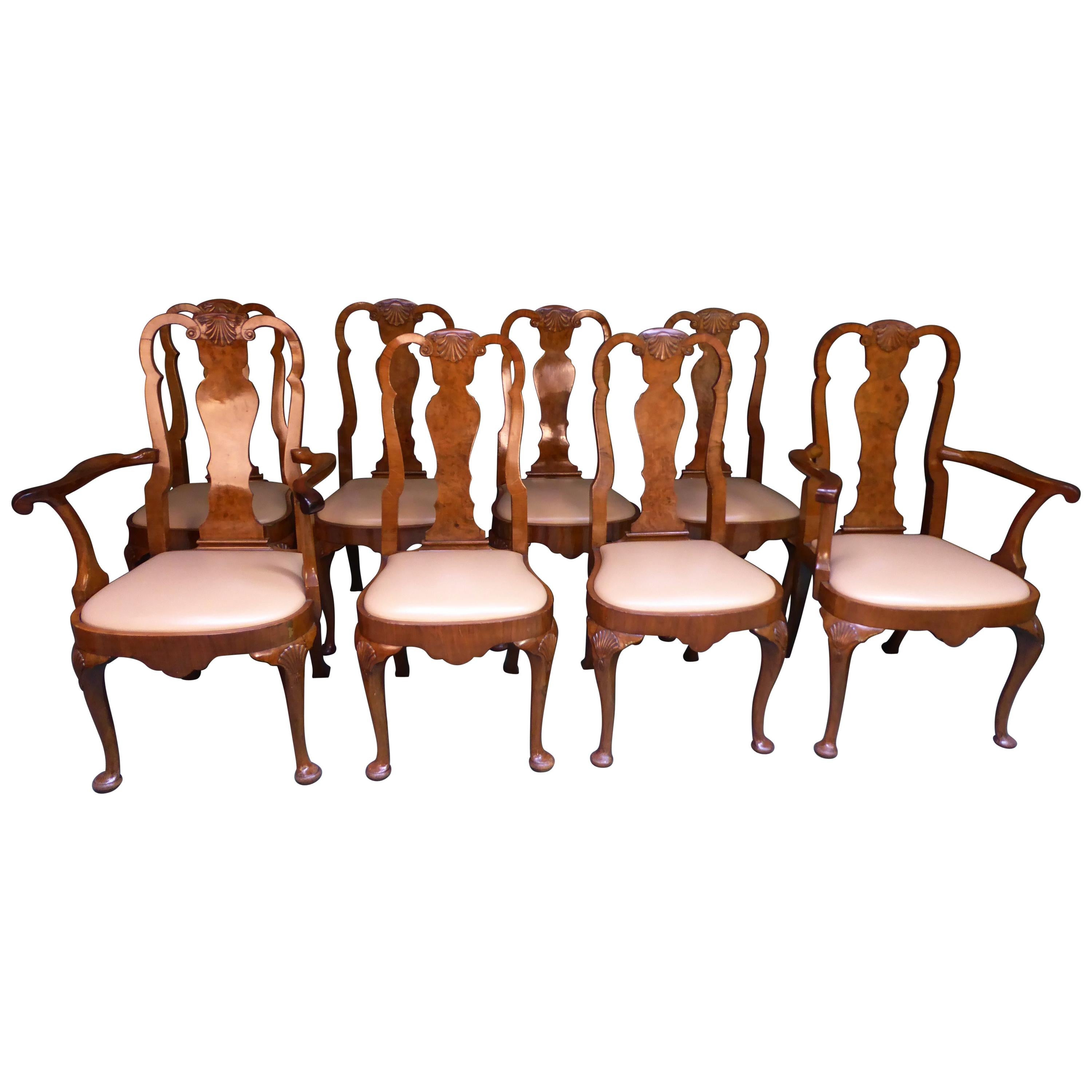 Set of 8 Walnut Queen Anne Style Dining Chairs For Sale
