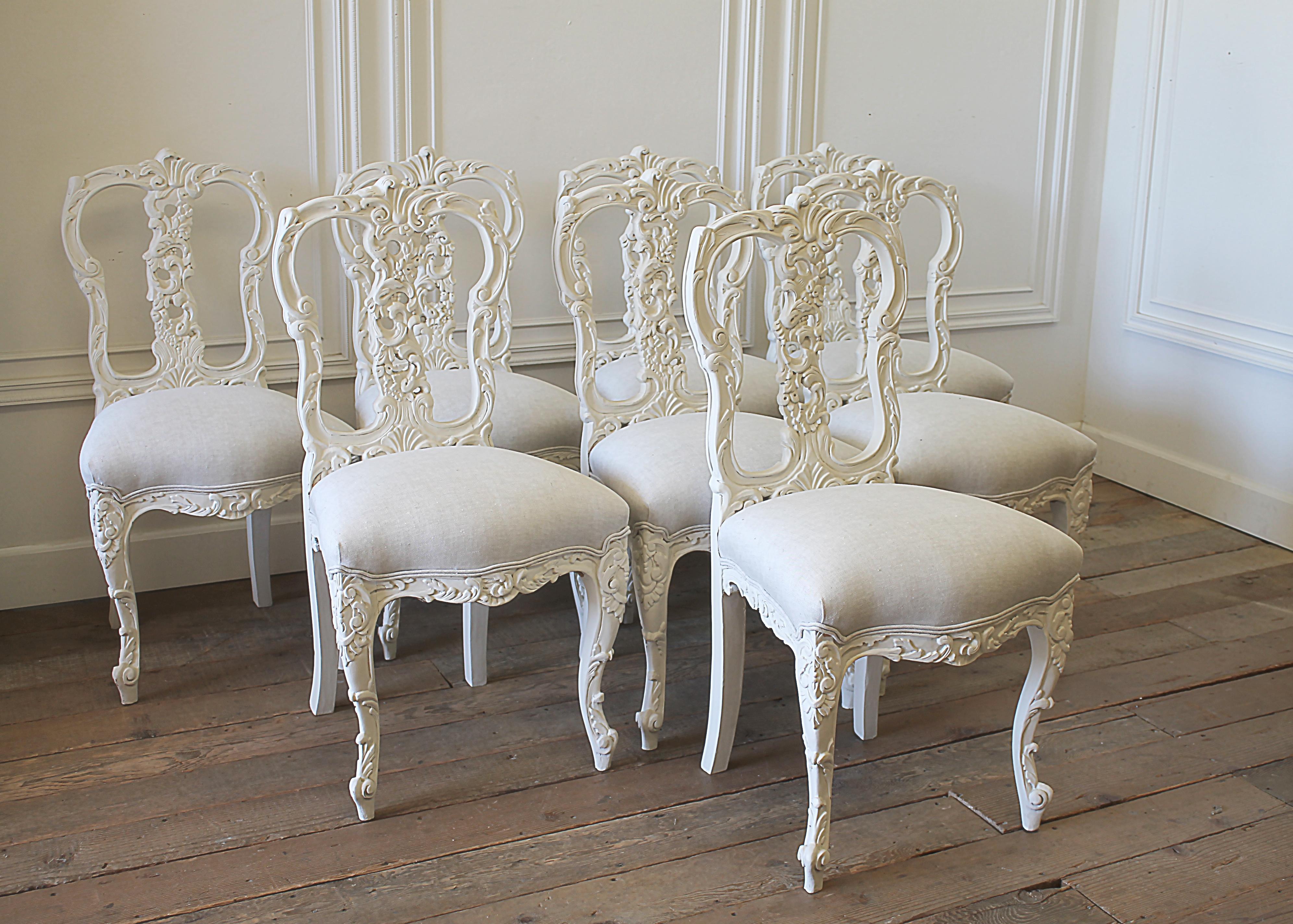 Set of 8 White Carved and Painted Dining Chairs In Good Condition In Brea, CA
