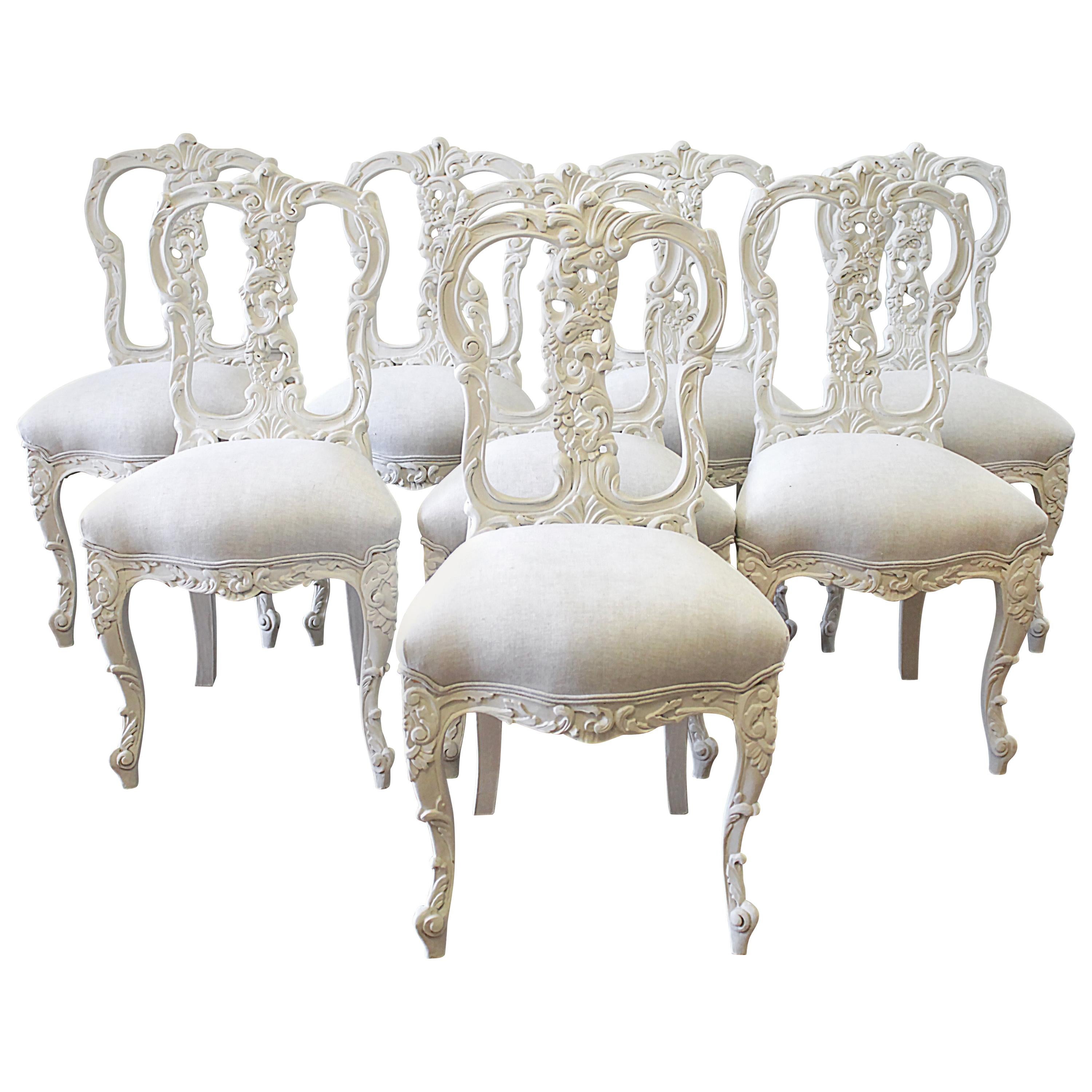 Set of 8 White Carved and Painted Dining Chairs