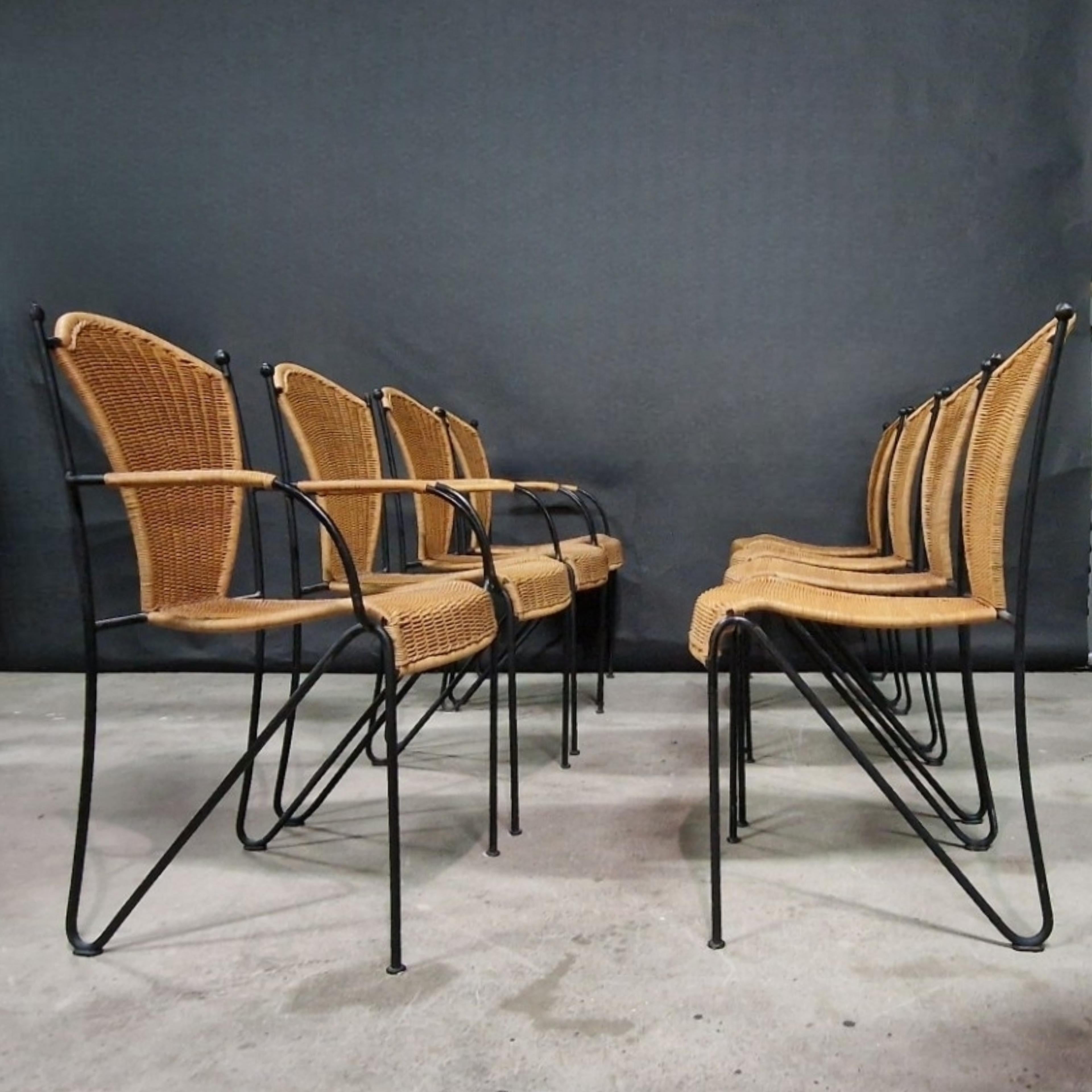 French Provincial set of 8 wicker and iron dining chairs For Sale