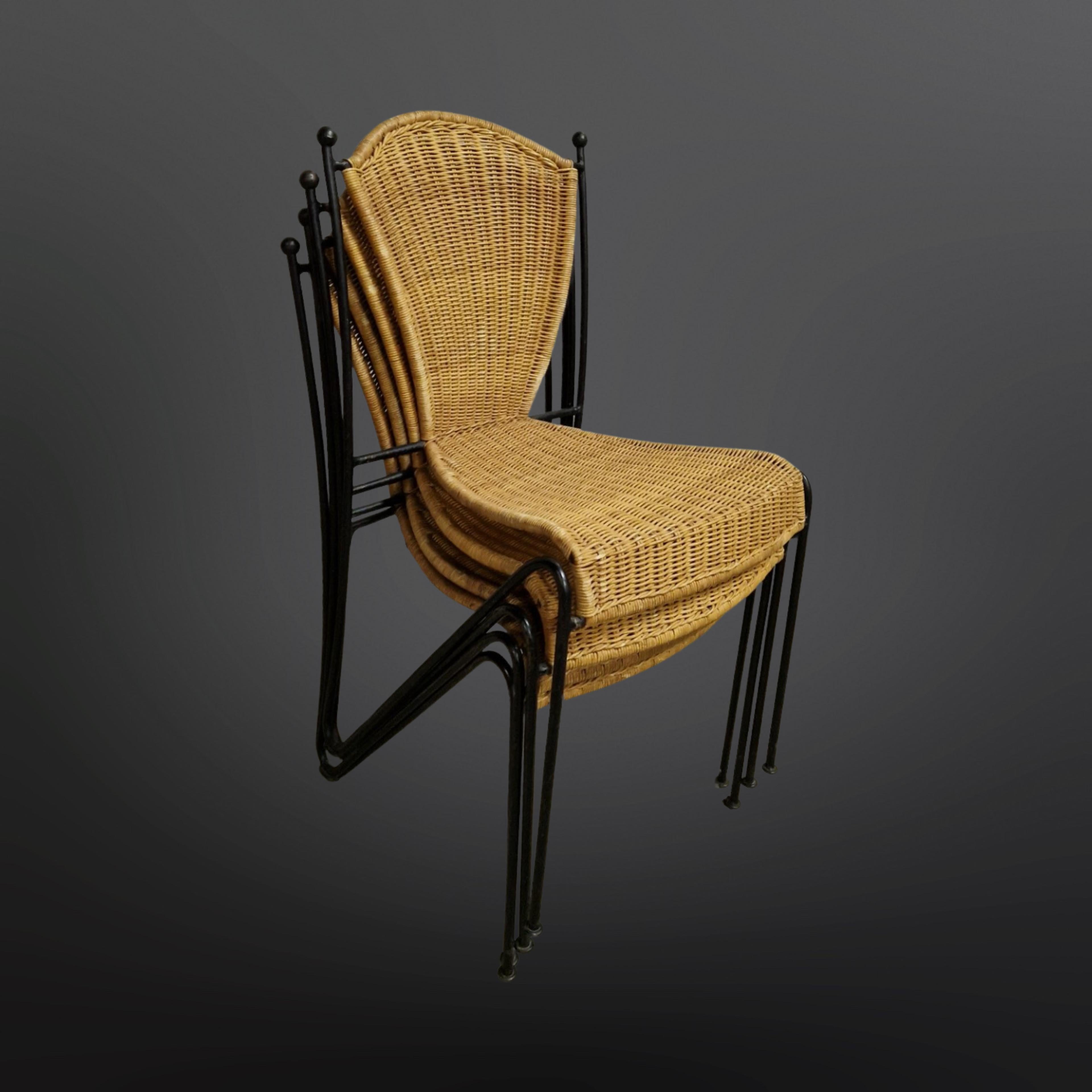 Rattan set of 8 wicker and iron dining chairs For Sale