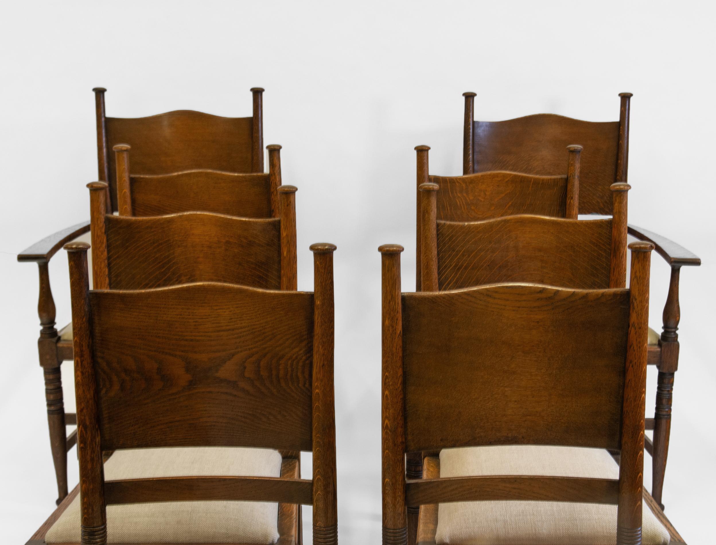 English Set Of 8 William Birch Arts & Crafts Oak Dining Chairs Waring And Gillow