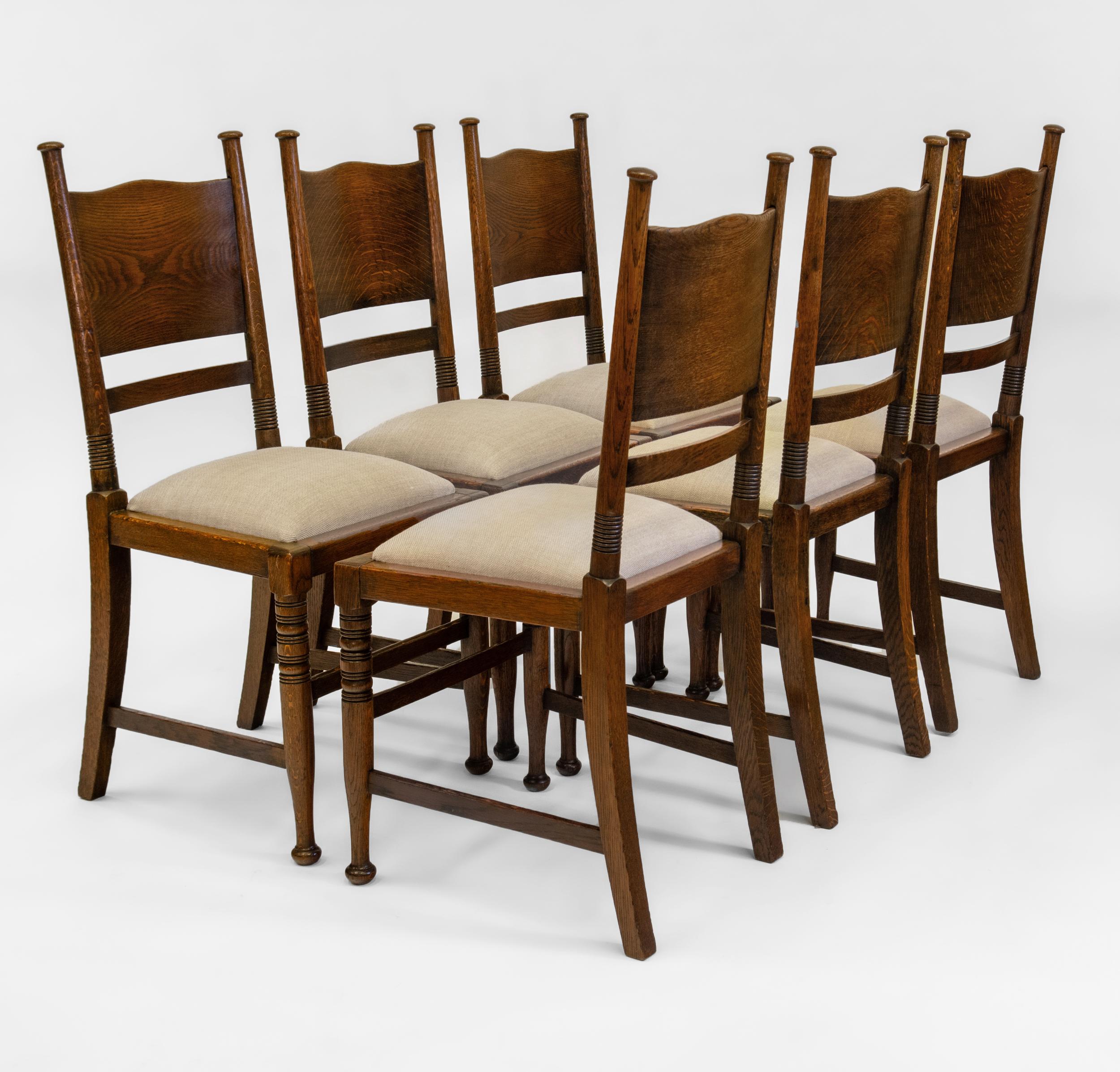 Hand-Crafted Set Of 8 William Birch Arts & Crafts Oak Dining Chairs Waring And Gillow