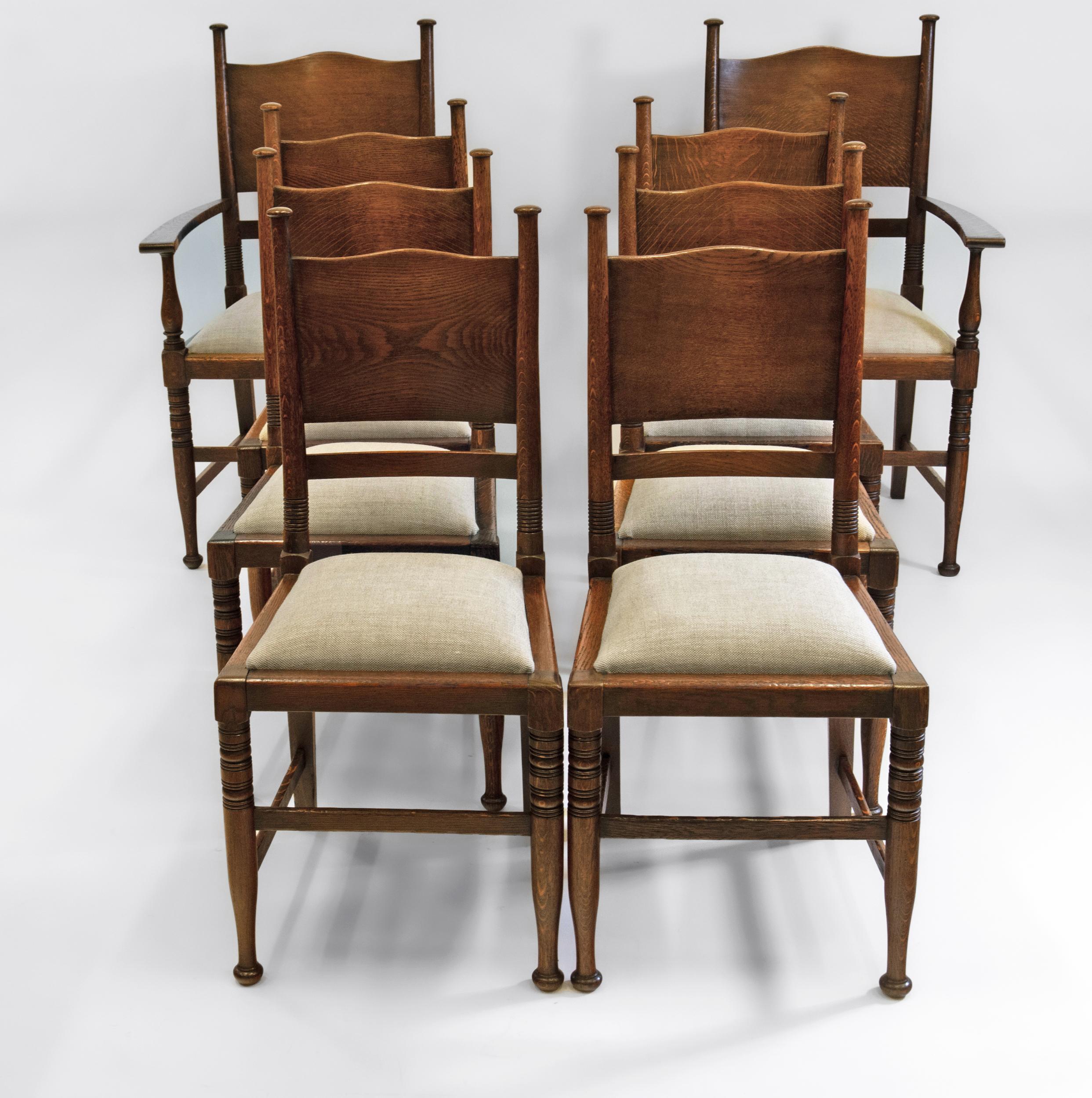 Set Of 8 William Birch Arts & Crafts Oak Dining Chairs Waring And Gillow In Good Condition In Norwich, GB