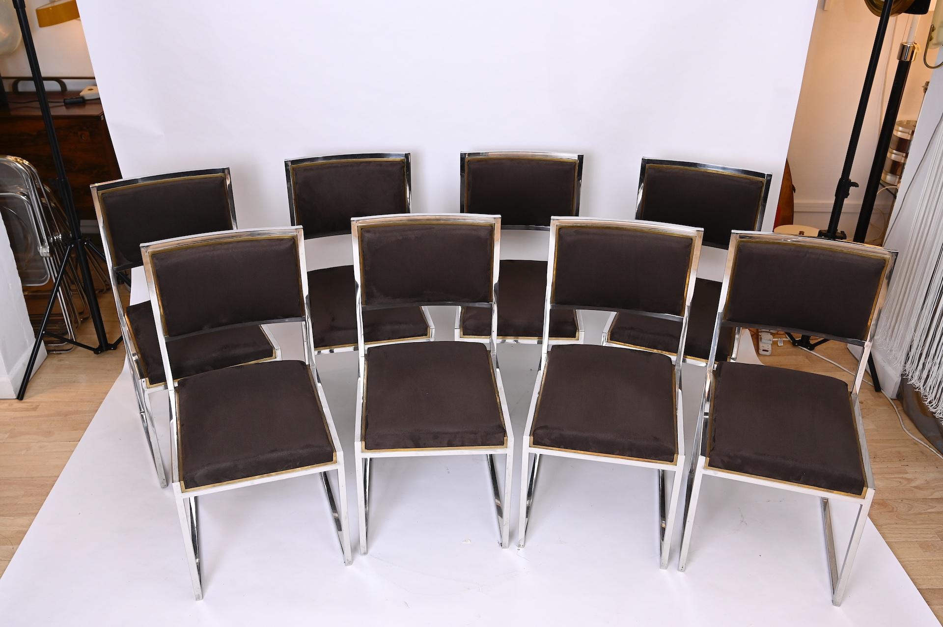 Mid-Century Modern Set of 8 Willy Rizzo Brass and Chrome Chairs, circa 1970