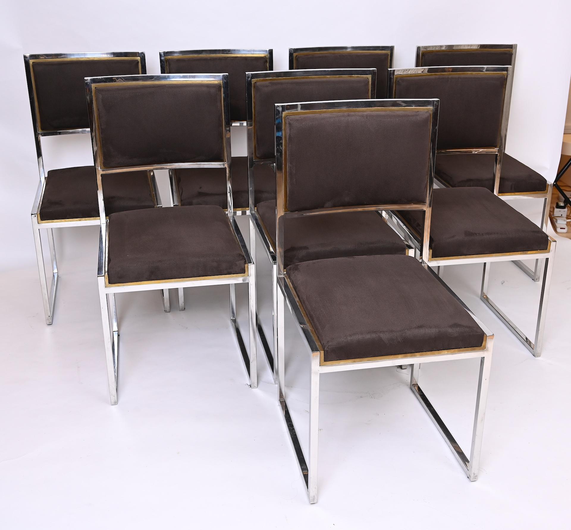 Italian Set of 8 Willy Rizzo Brass and Chrome Chairs, circa 1970