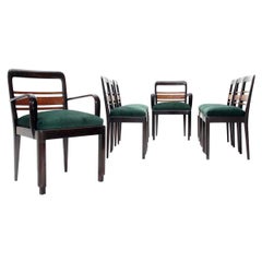 Set of 8 Wood and Green Velvet Italian Dining Chairs, 1930s