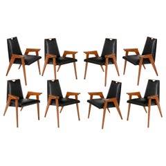 Set of 8 Wood Framed Dining Chairs Upholstered in Black Leather, Italy 1960s