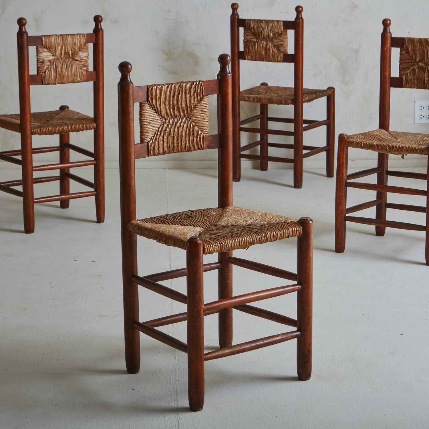 Rustic Set of 8 Wood + Rush Dining Chairs in the Style of Charles Dudouyt, France 1940s