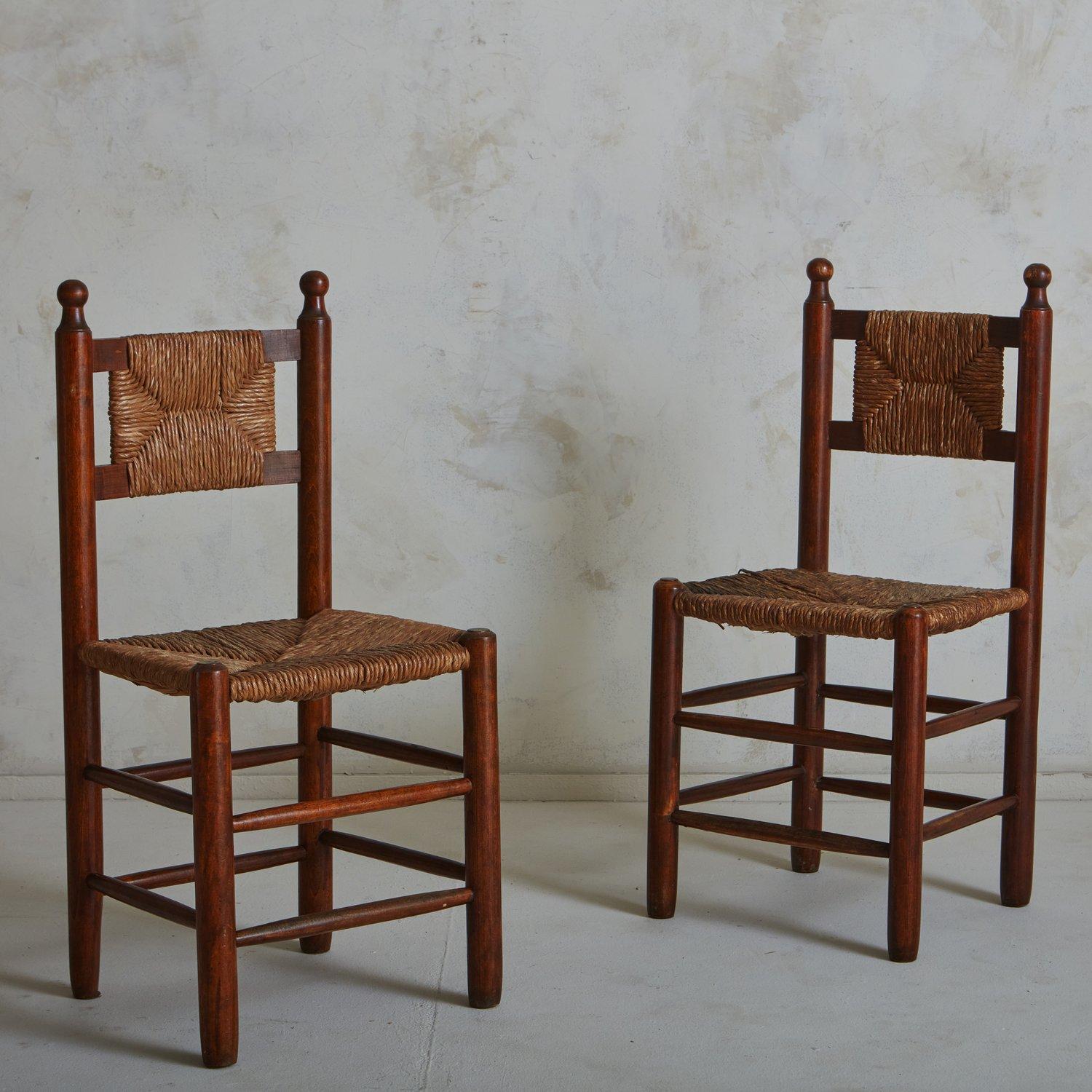 French Set of 8 Wood + Rush Dining Chairs in the Style of Charles Dudouyt, France 1940s