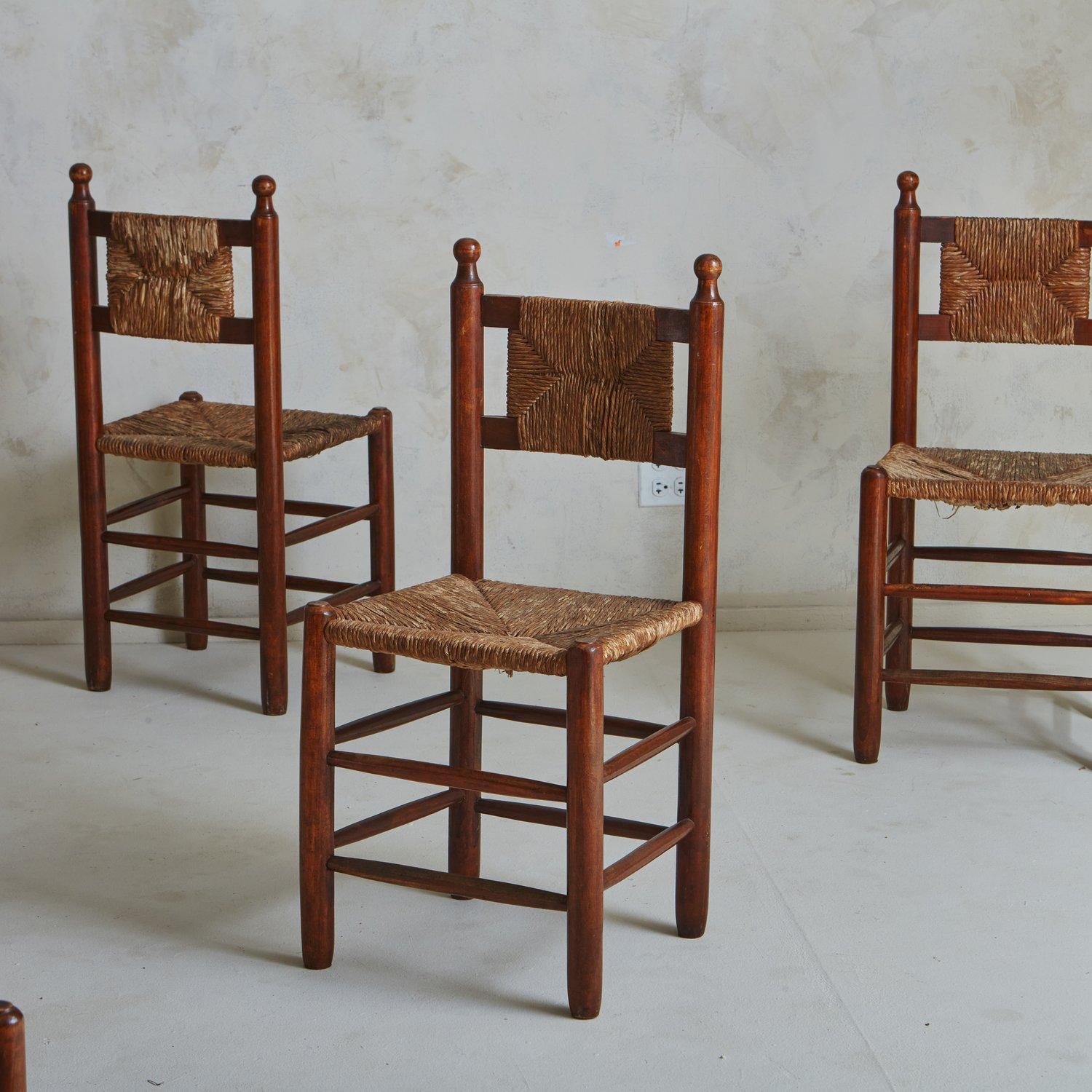 Set of 8 Wood + Rush Dining Chairs in the Style of Charles Dudouyt, France 1940s In Good Condition In Chicago, IL