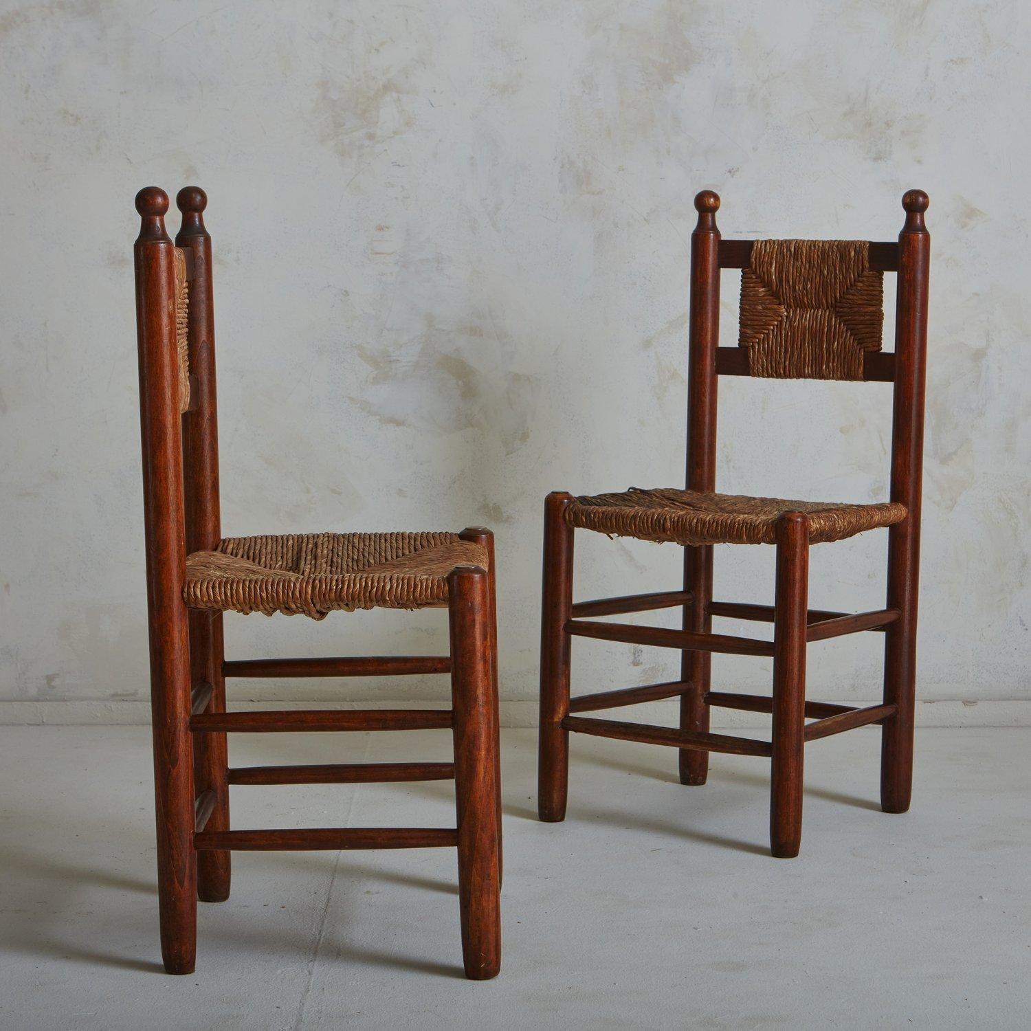 Mid-20th Century Set of 8 Wood + Rush Dining Chairs in the Style of Charles Dudouyt, France 1940s