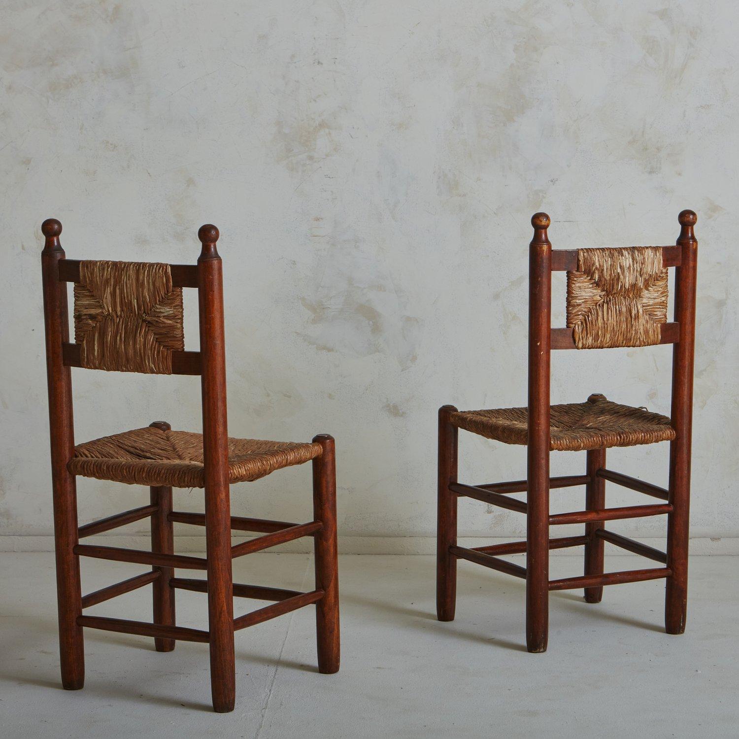 Set of 8 Wood + Rush Dining Chairs in the Style of Charles Dudouyt, France 1940s 1