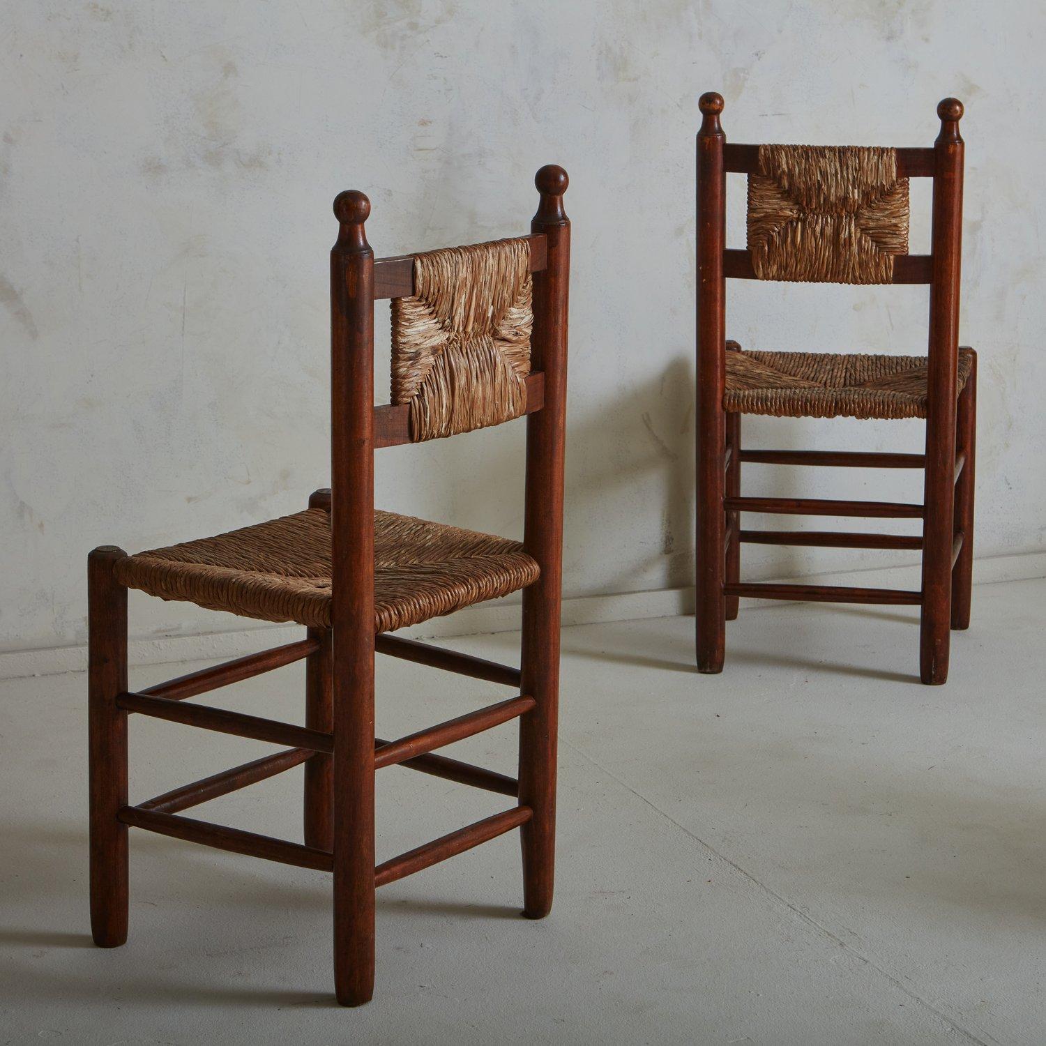 Set of 8 Wood + Rush Dining Chairs in the Style of Charles Dudouyt, France 1940s 2