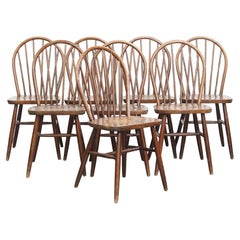 Set of 8 Wooden Vintage Spindle-Back Windsor Chairs from the 1970s